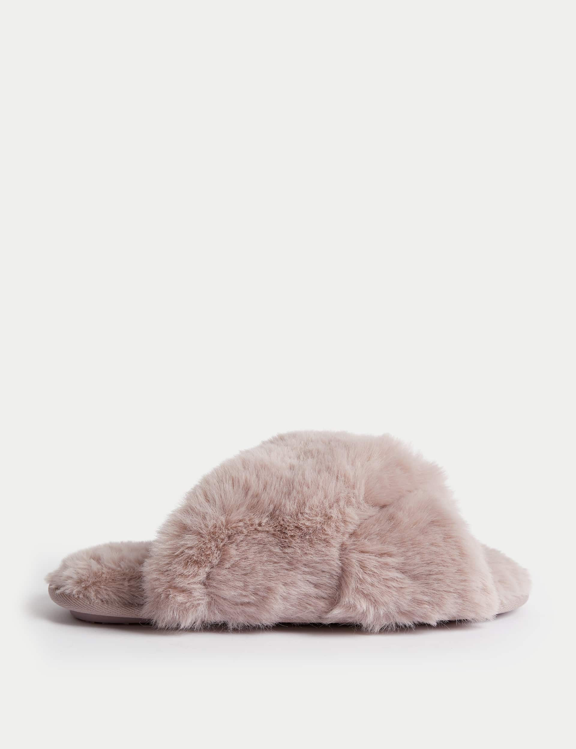 M&S Women's Faux Fur Crossover Slider Slippers - M - Pink, Light Grey,Pink