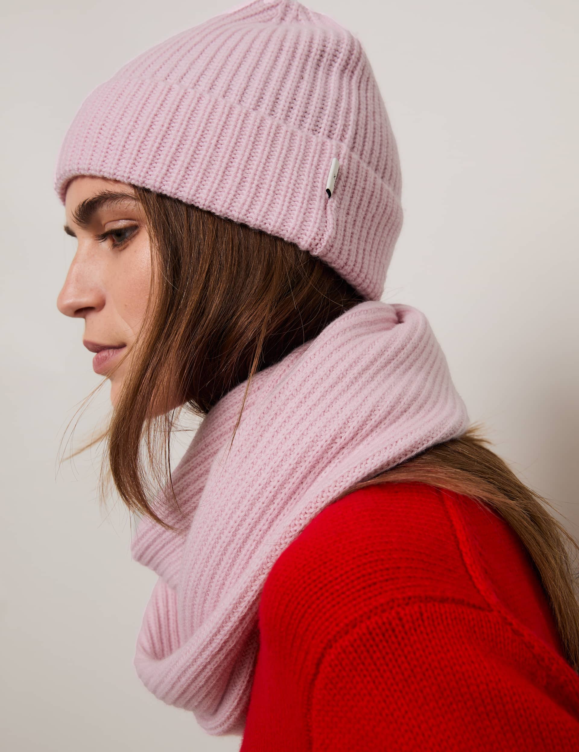 M&S X Bella Freud Women's Merino Wool Blend Beanie Hat With Cashmere - Light Rose, Light Rose,Acid Y