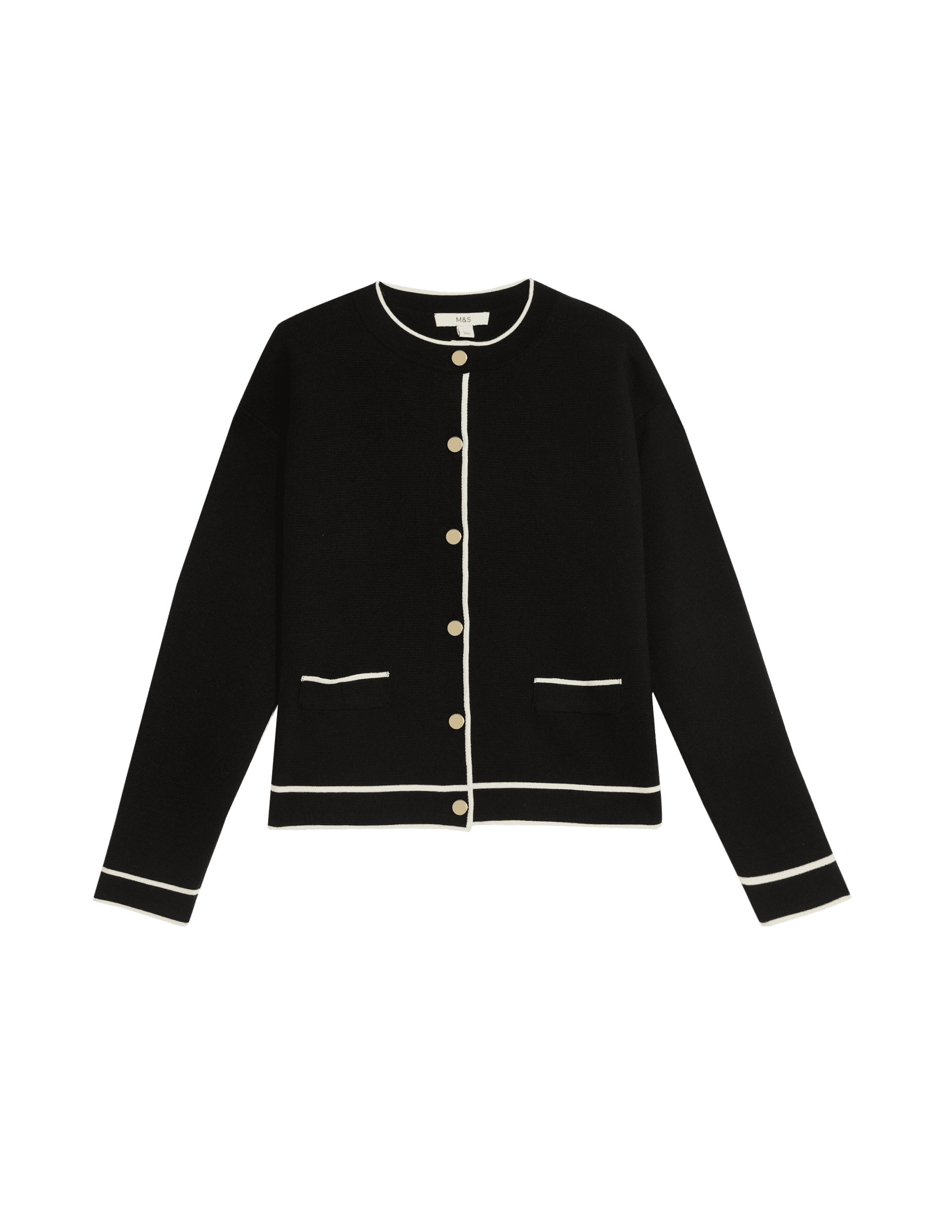 M&S Collection Women's Knitted Tipped Detail Relaxed Cardigan - 12 - Black Mix, Black Mix,Ivory Mix