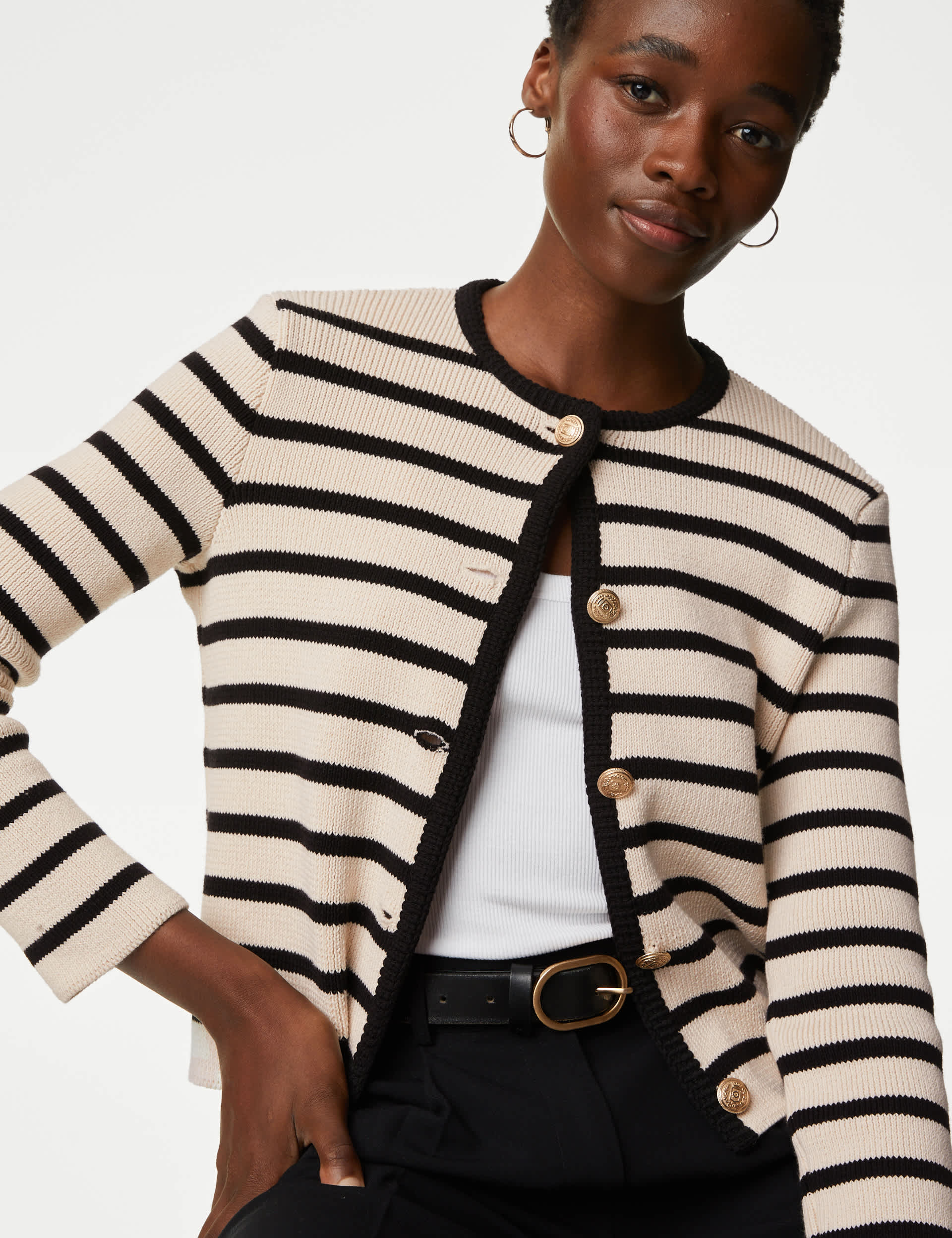 M&S Women's Cotton Rich Striped Crew Neck Cardigan - M - Ivory Mix, Ivory Mix