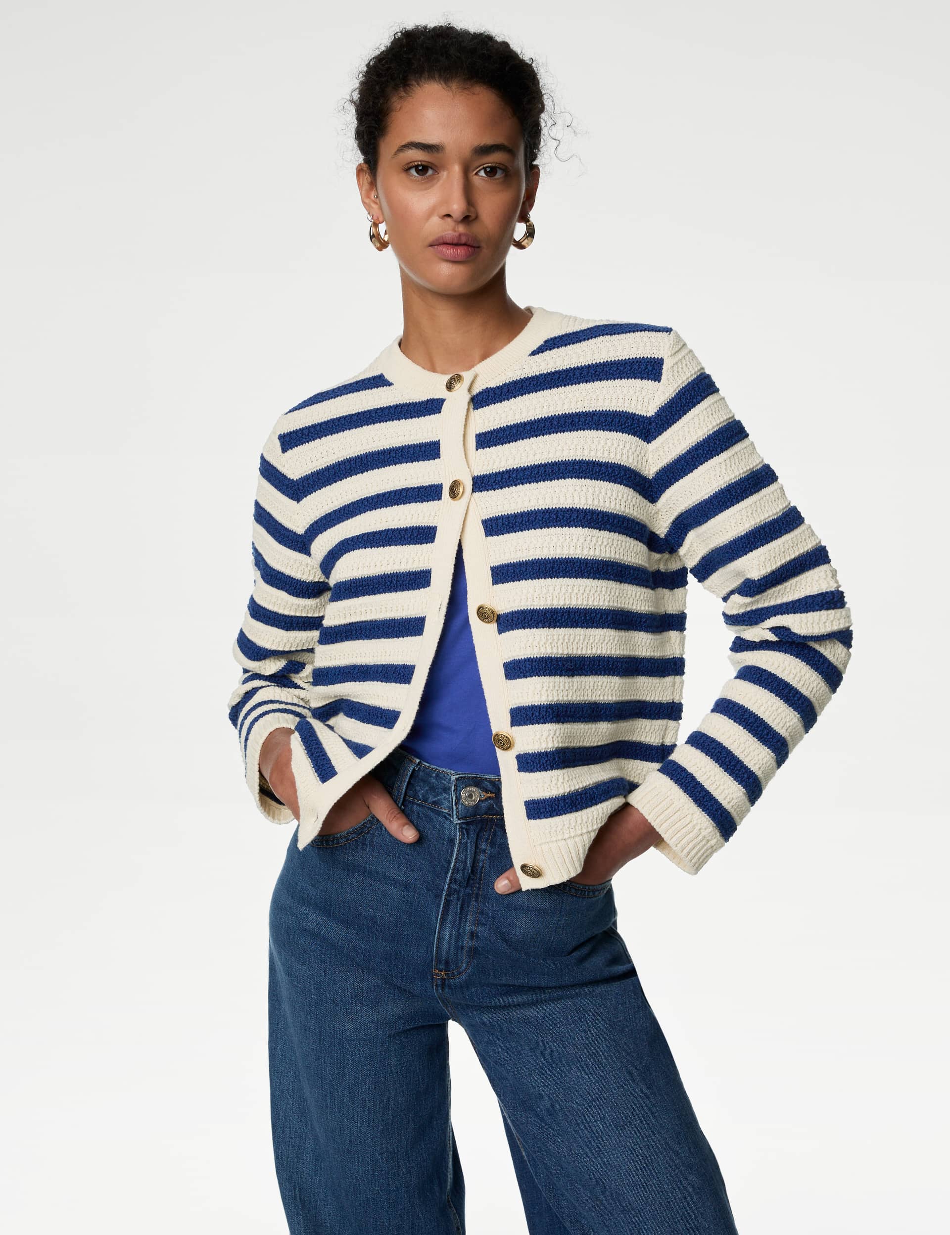 M&S Women's Cotton Rich Striped Cardigan - M - Blue Mix, Blue Mix