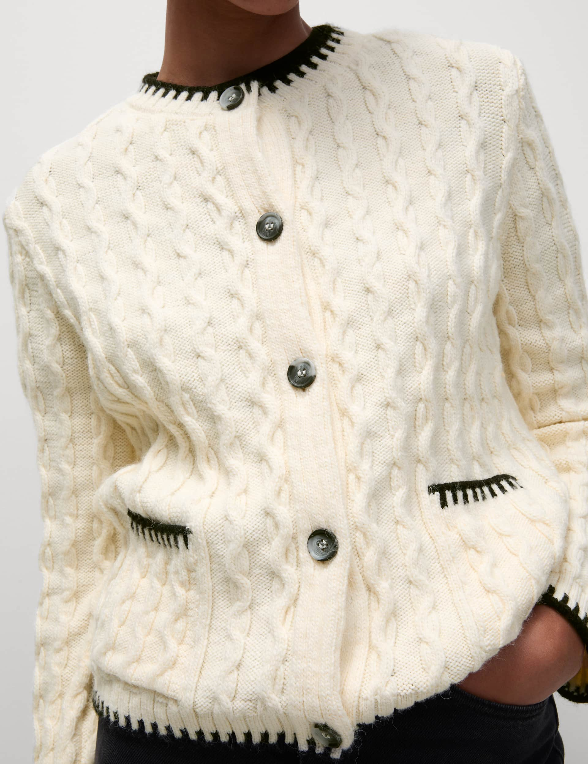 M&S Collection Women's Textured Cable Knit Whipstitch Cardigan - Cream Mix, Cream Mix