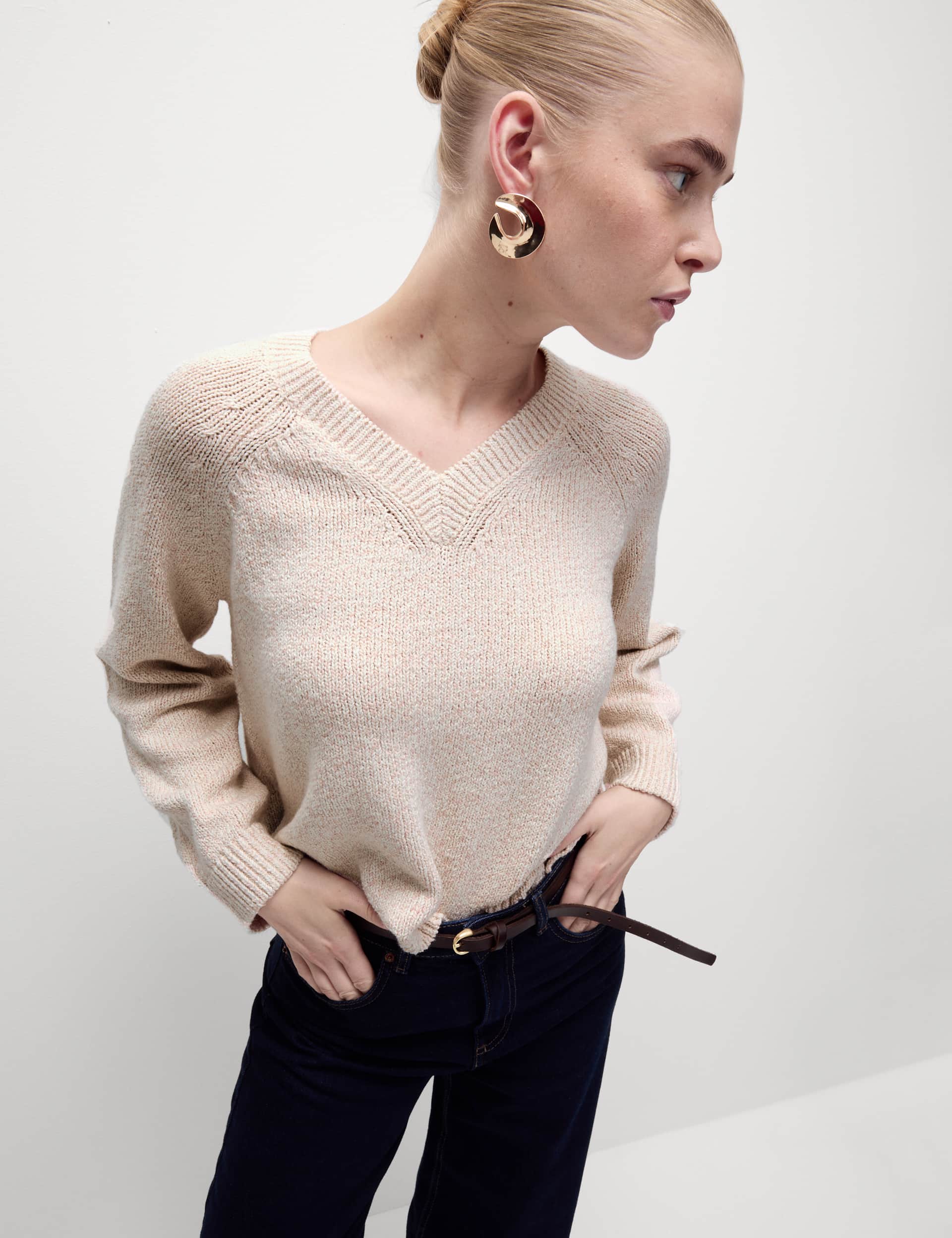 M&S Women's Cotton Blend Ribbed V-Neck Jumper