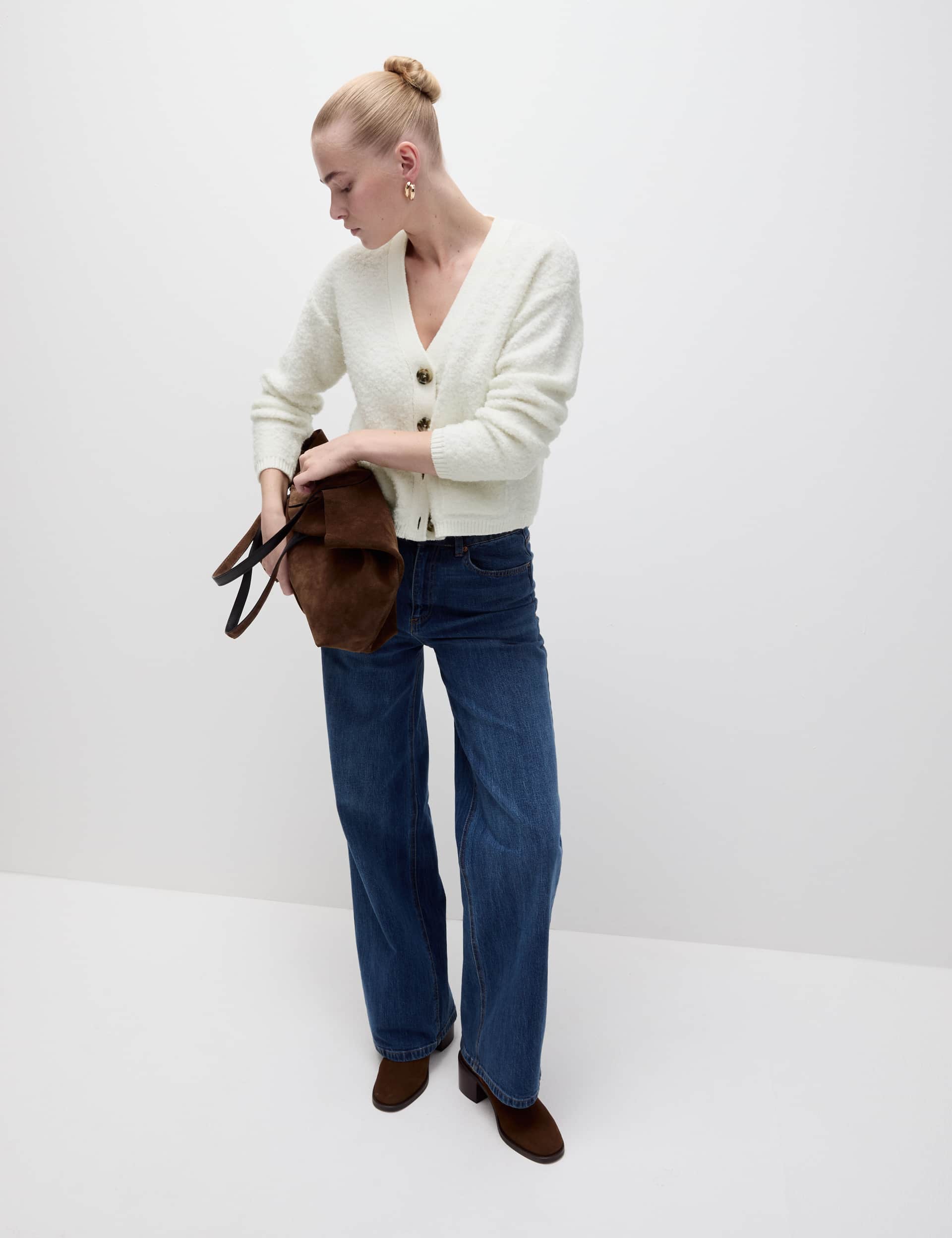 M&S Women's Textured Boucle V-Neck Cardigan with Wool