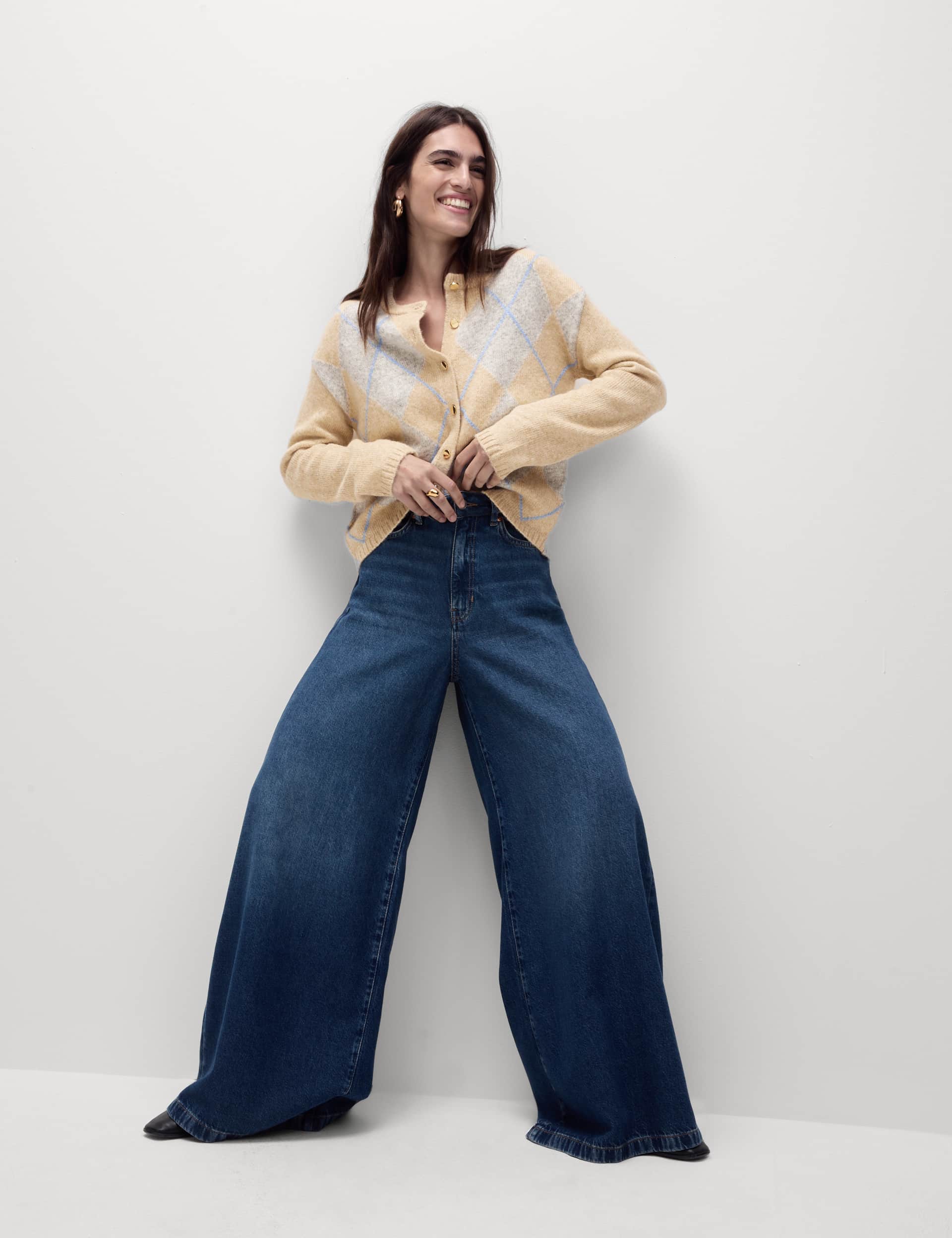 M&S Women's Argyle Crew Neck Cardigan with Wool