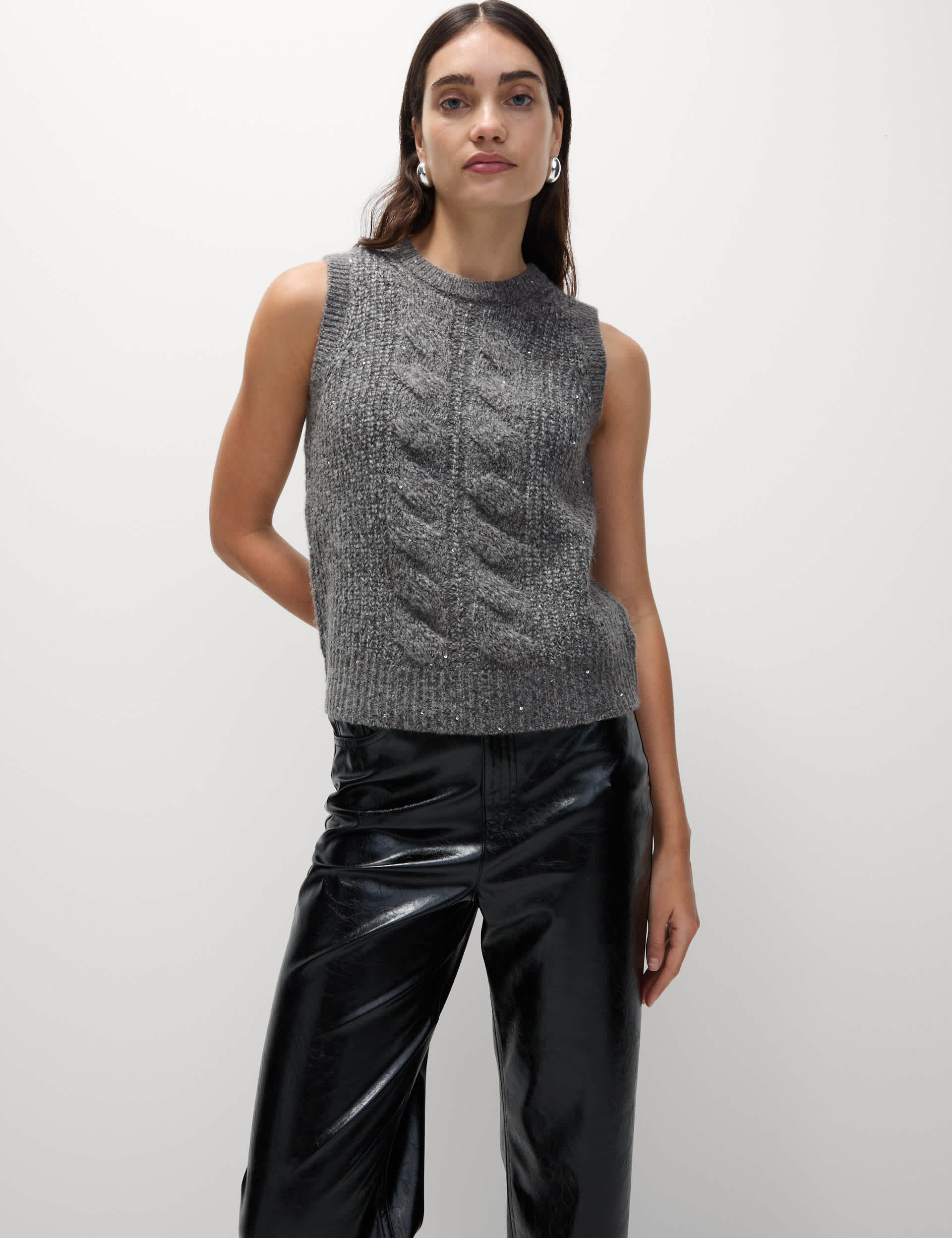 M&S Women's Cable Knit Sequin Knitted Vest with Wool - M - Dark Grey, Dark Grey,Light Natural