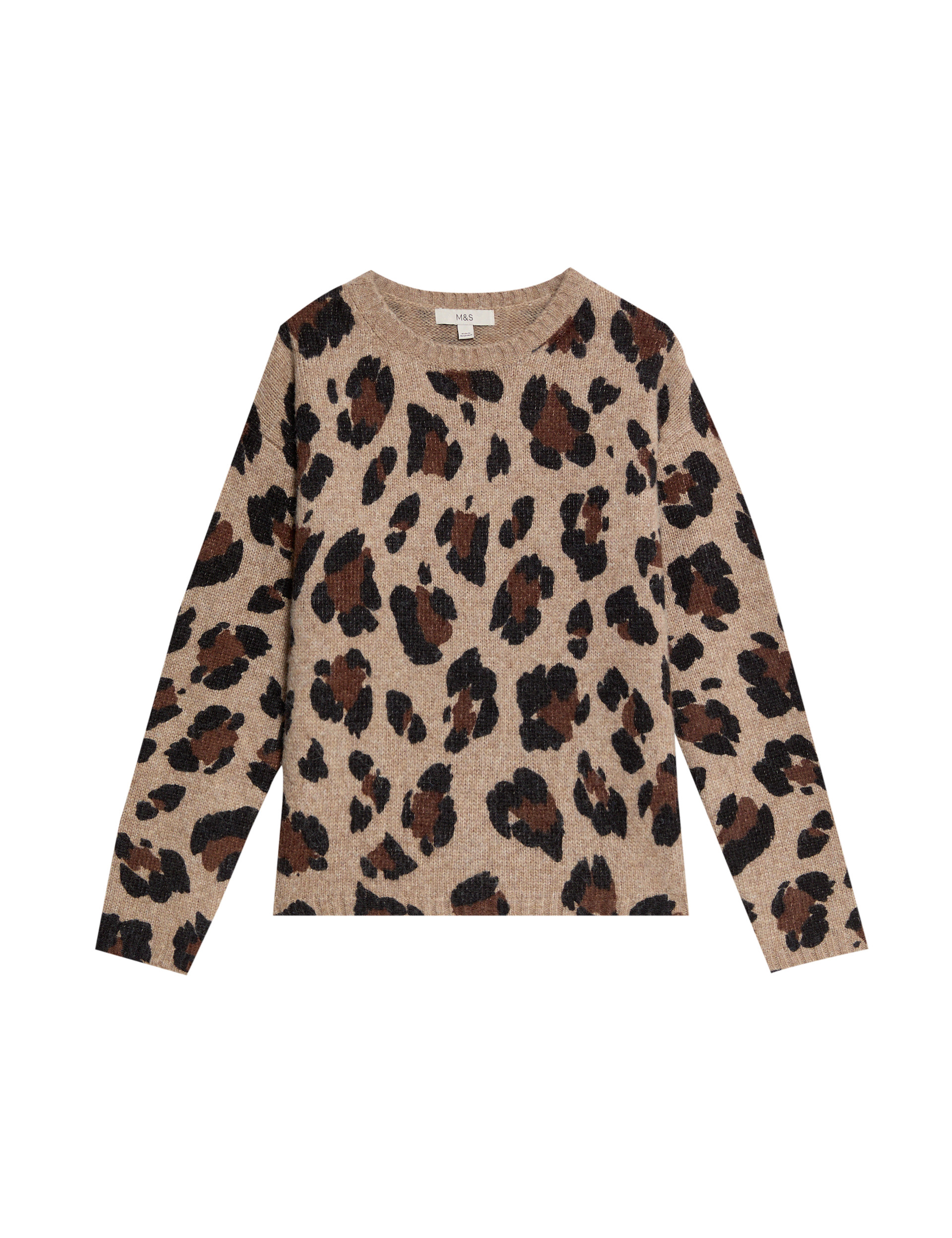 M&S Collection Women's Animal Print Crew Neck Relaxed Jumper with Wool - S - Brown Mix, Brown Mix