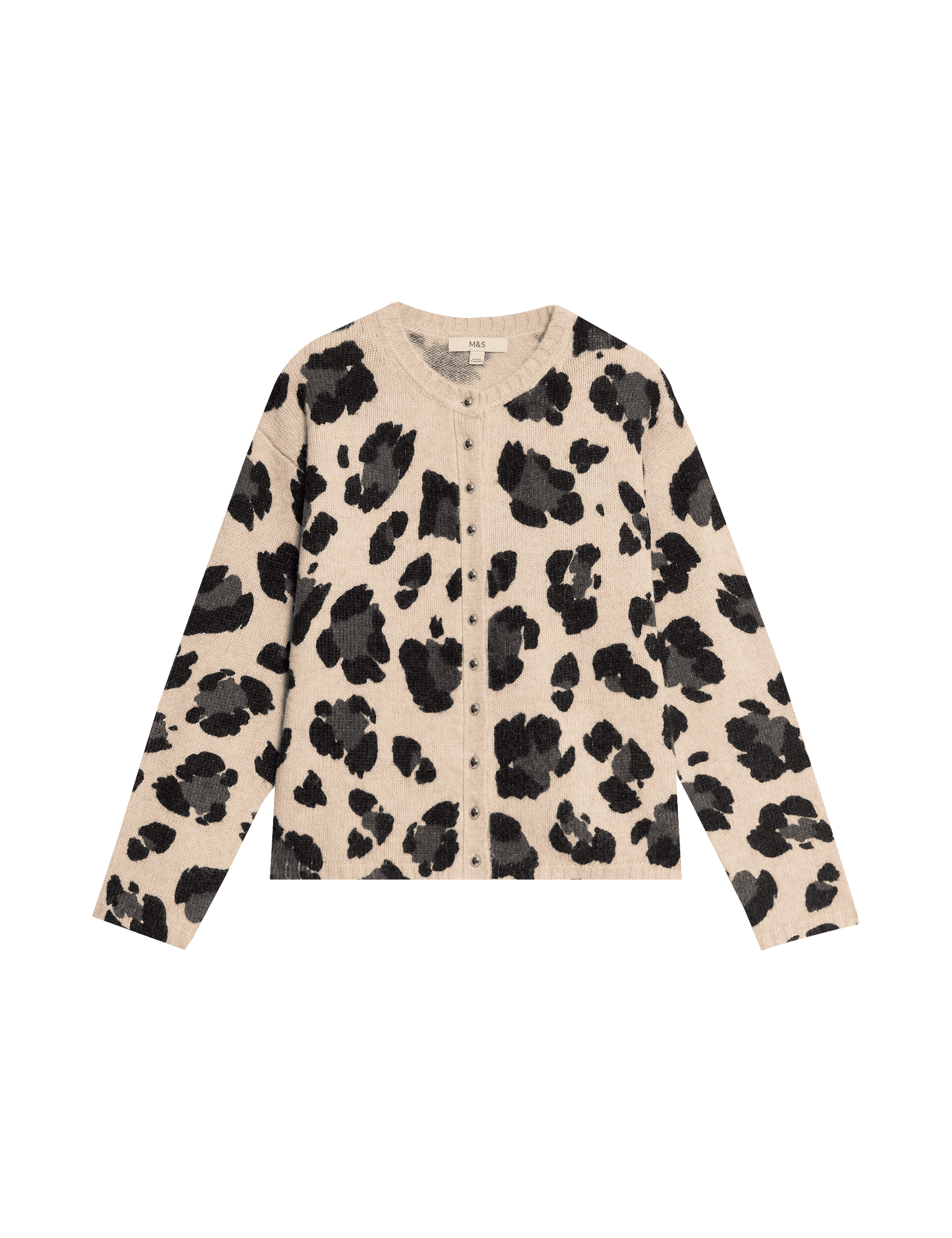 M&S Collection Women's Animal Print Crew Neck Cardigan with Wool - S - Neutral, Neutral