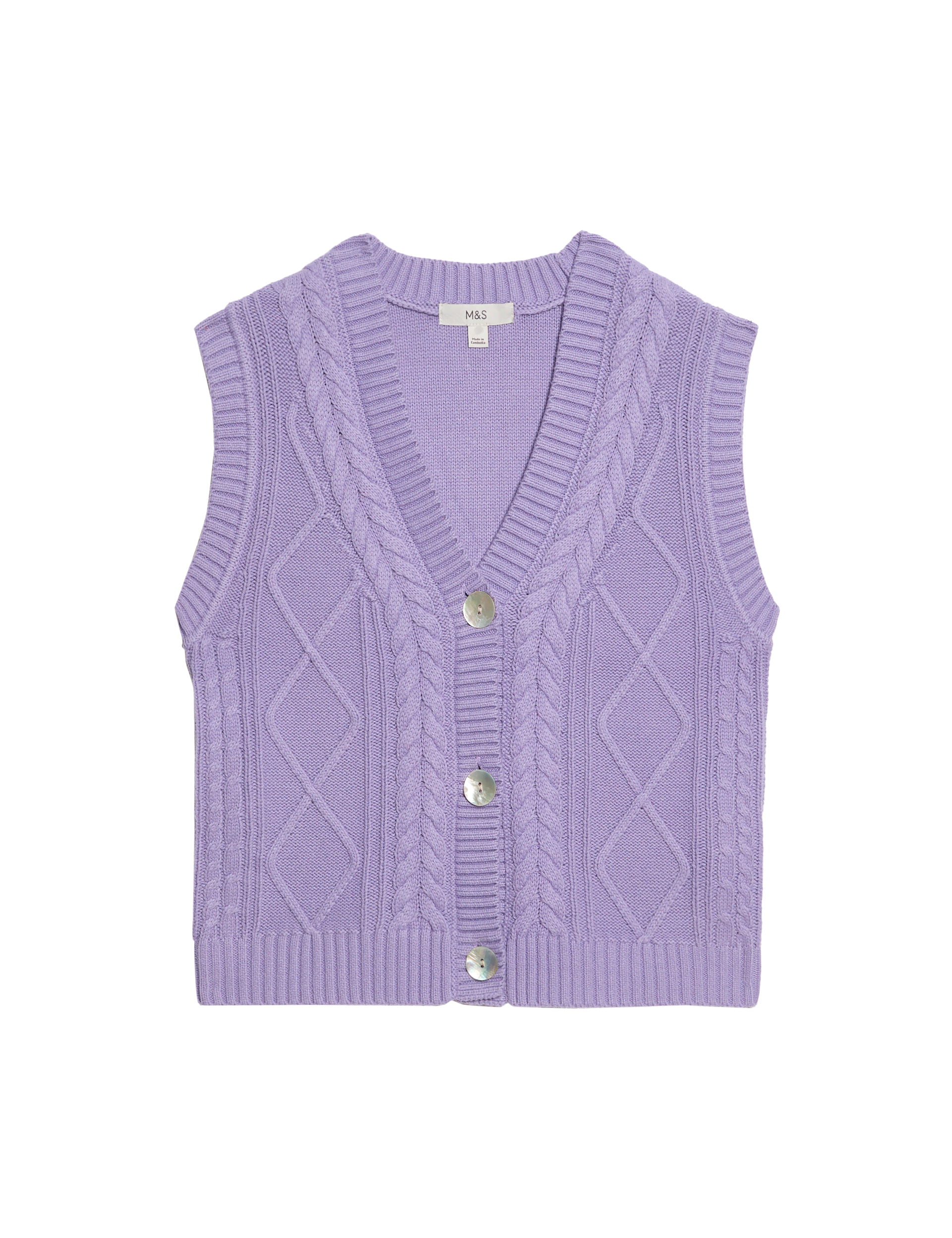 M&S Collection Women's Cotton Rich Knitted Slim Textured Waistcoat - Dusted Lilac, Dusted Lilac,Capp