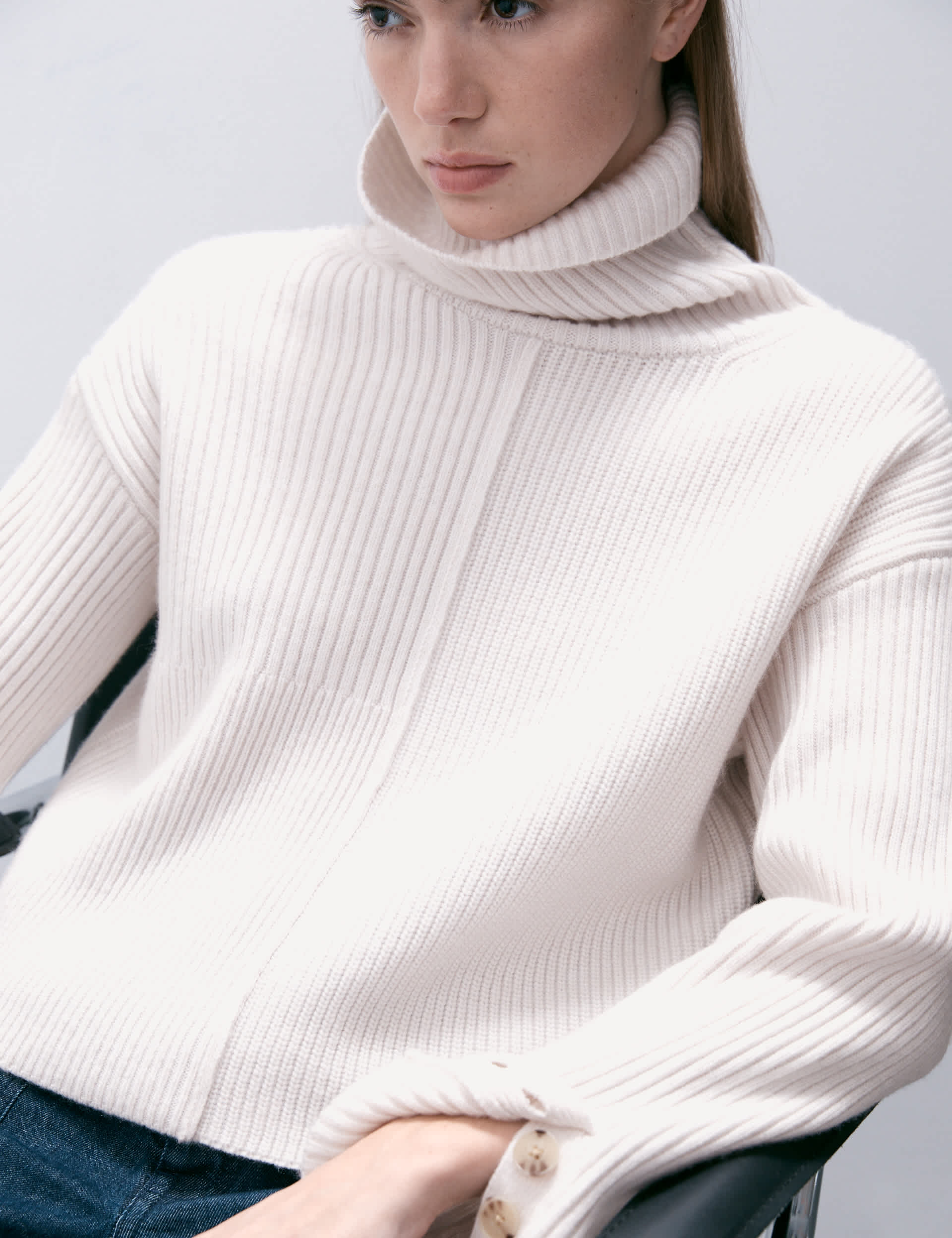 M&S Collection Women's Wool Blend Ribbed Roll Neck Relaxed Jumper with Cashmere - Cream, Cream,Grass