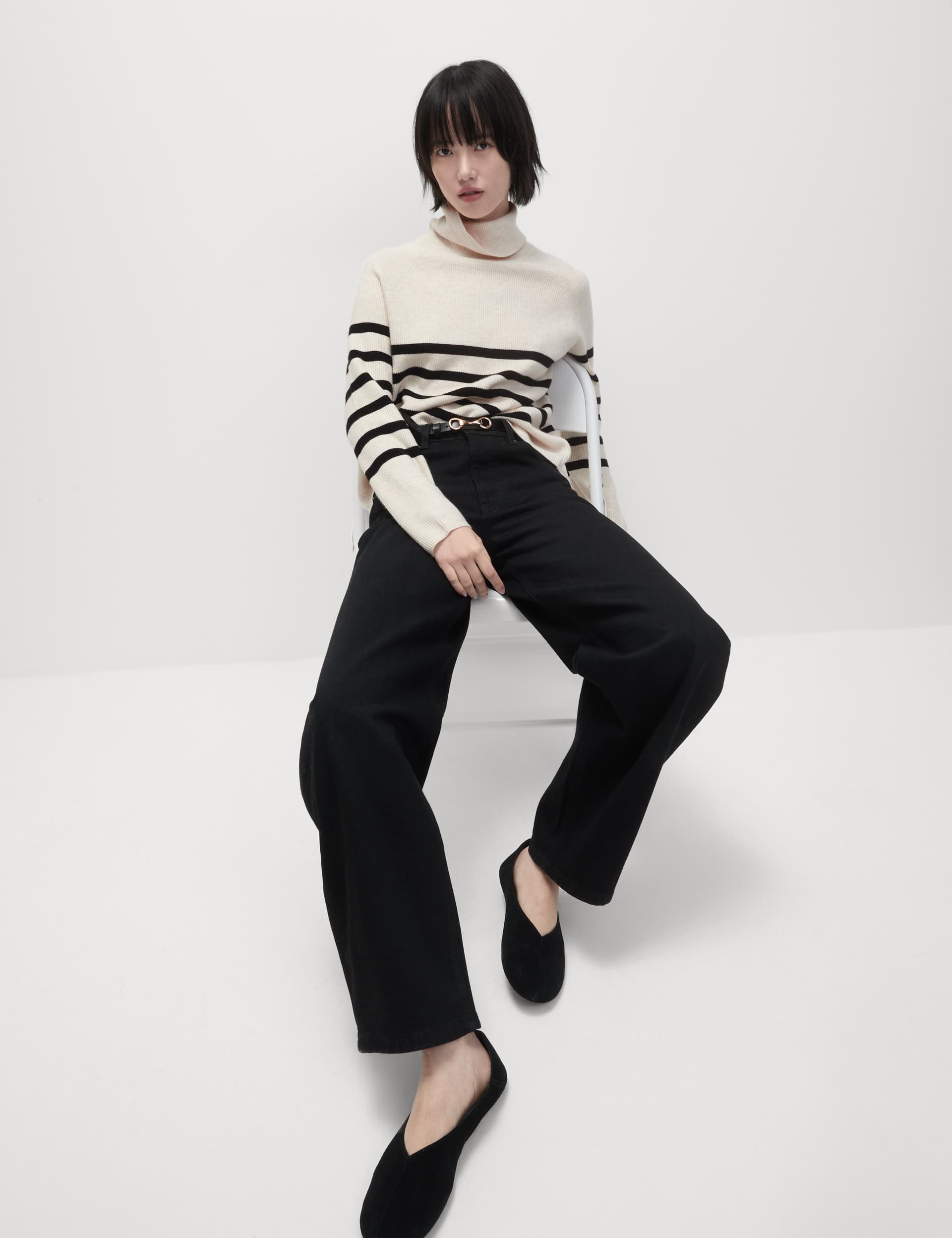 M&S Collection Women's Soft Touch Striped Ribbed Roll Neck Jumper - Light Natural, Light Natural