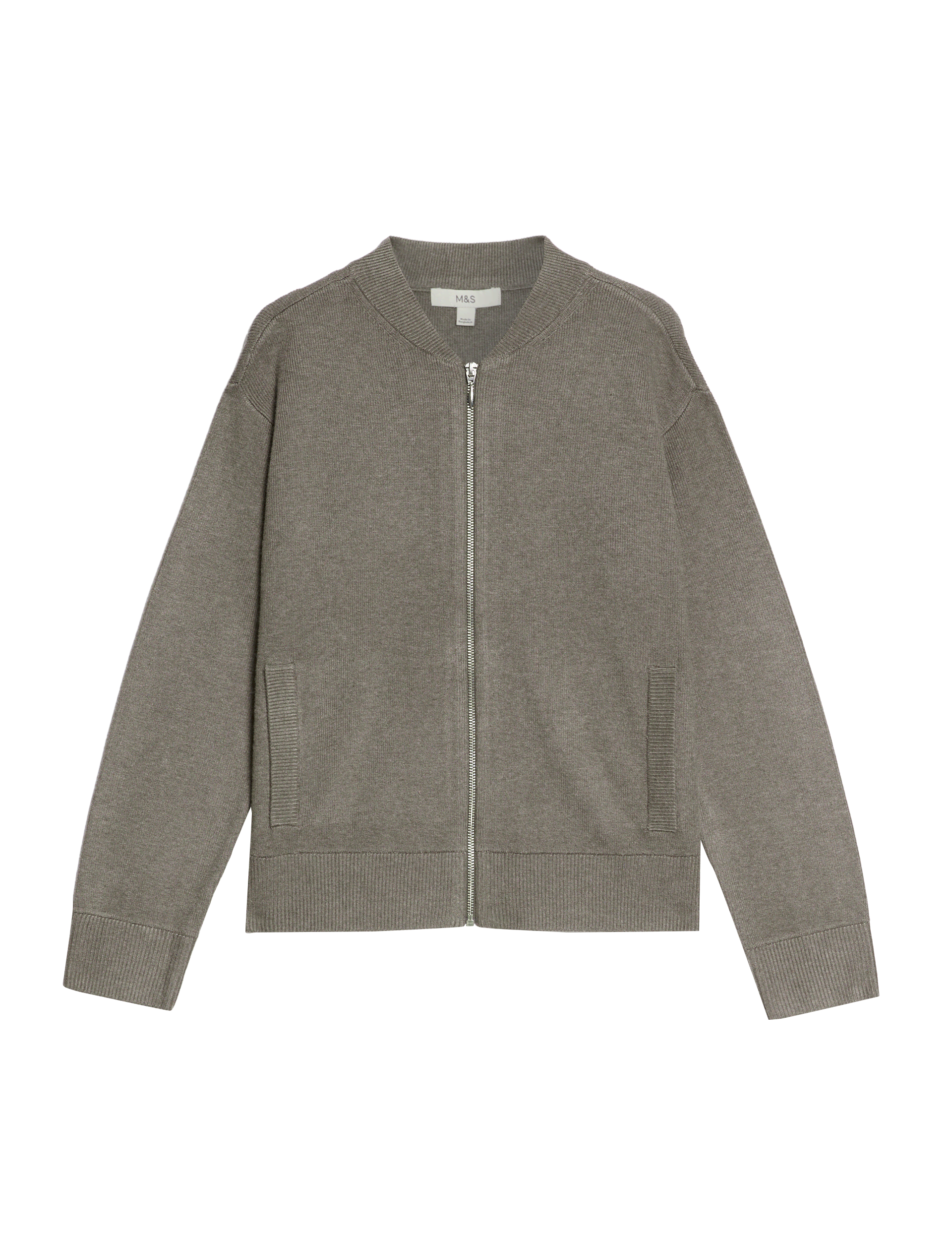 M&S Collection Women's Knitted Textured Crew Neck Bomber Cardigan - Nutmeg, Grey,Neutral,Nutmeg,Capp