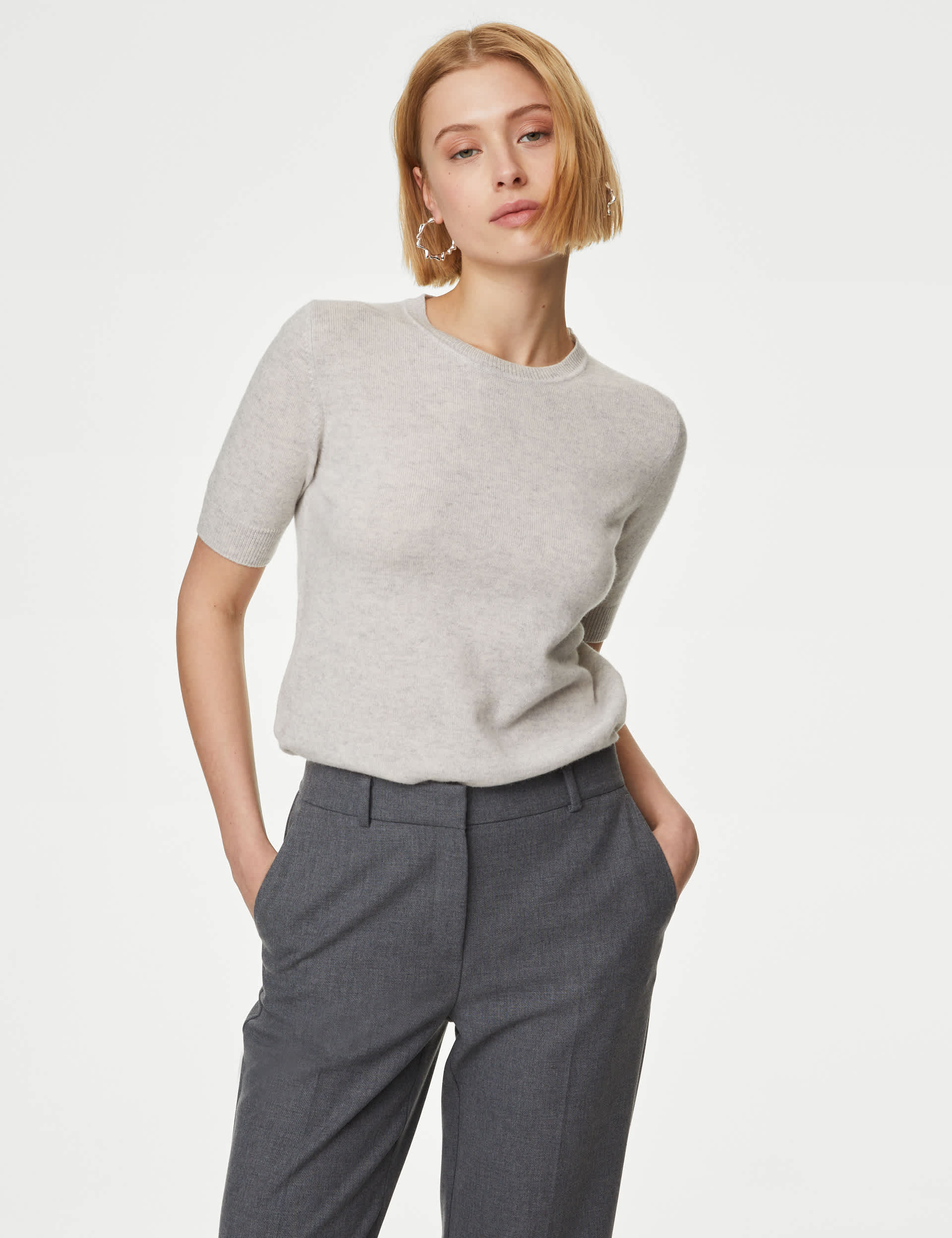 Autograph Women's Merino Wool With Cashmere Knitted Top - Light Grey, Black,Light Cream,Light Grey,L