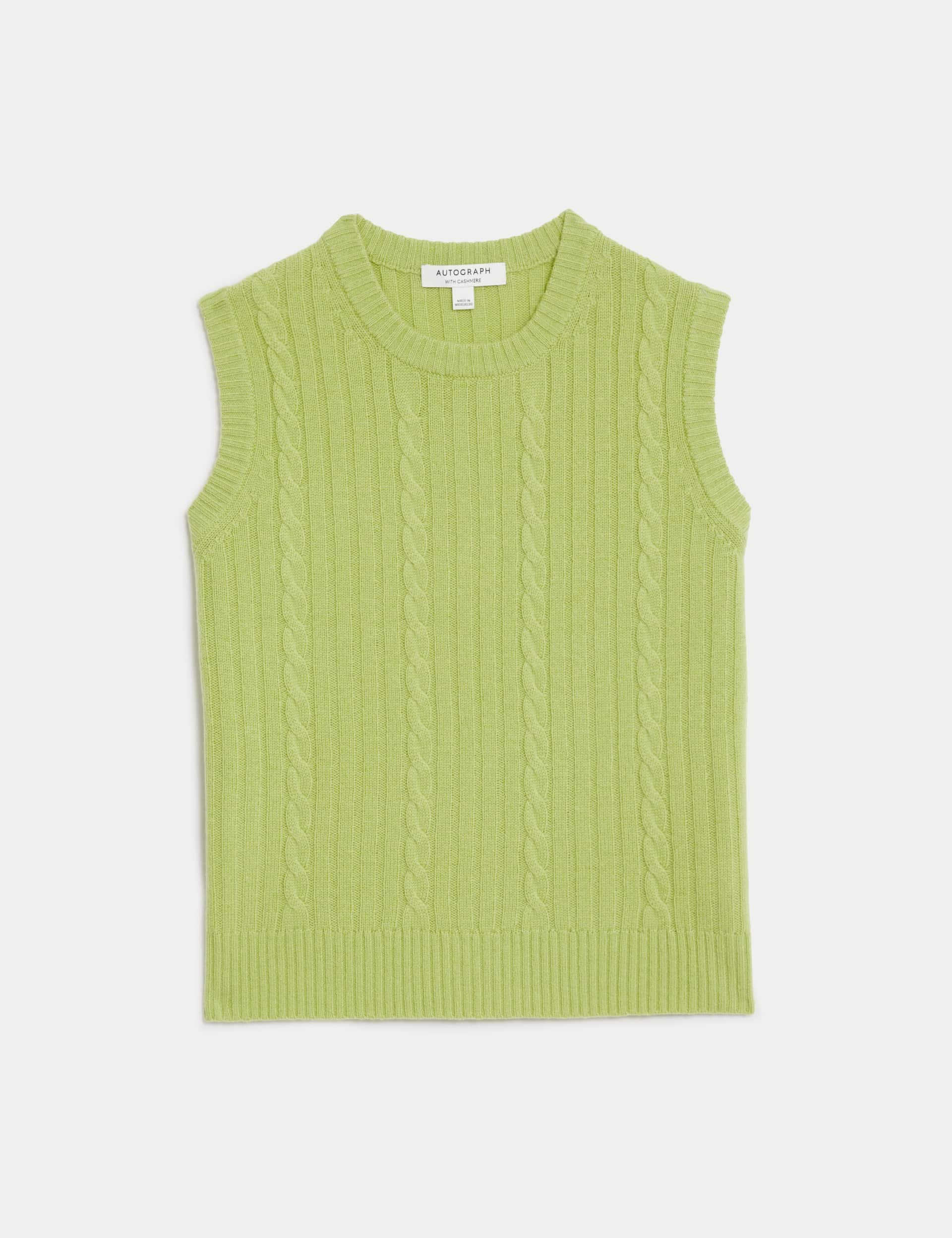 M&S Women's Merino Wool Rich Cable Knit Vest with Wool - Pistachio, Acid Yellow,Cappuccino,Pistachio