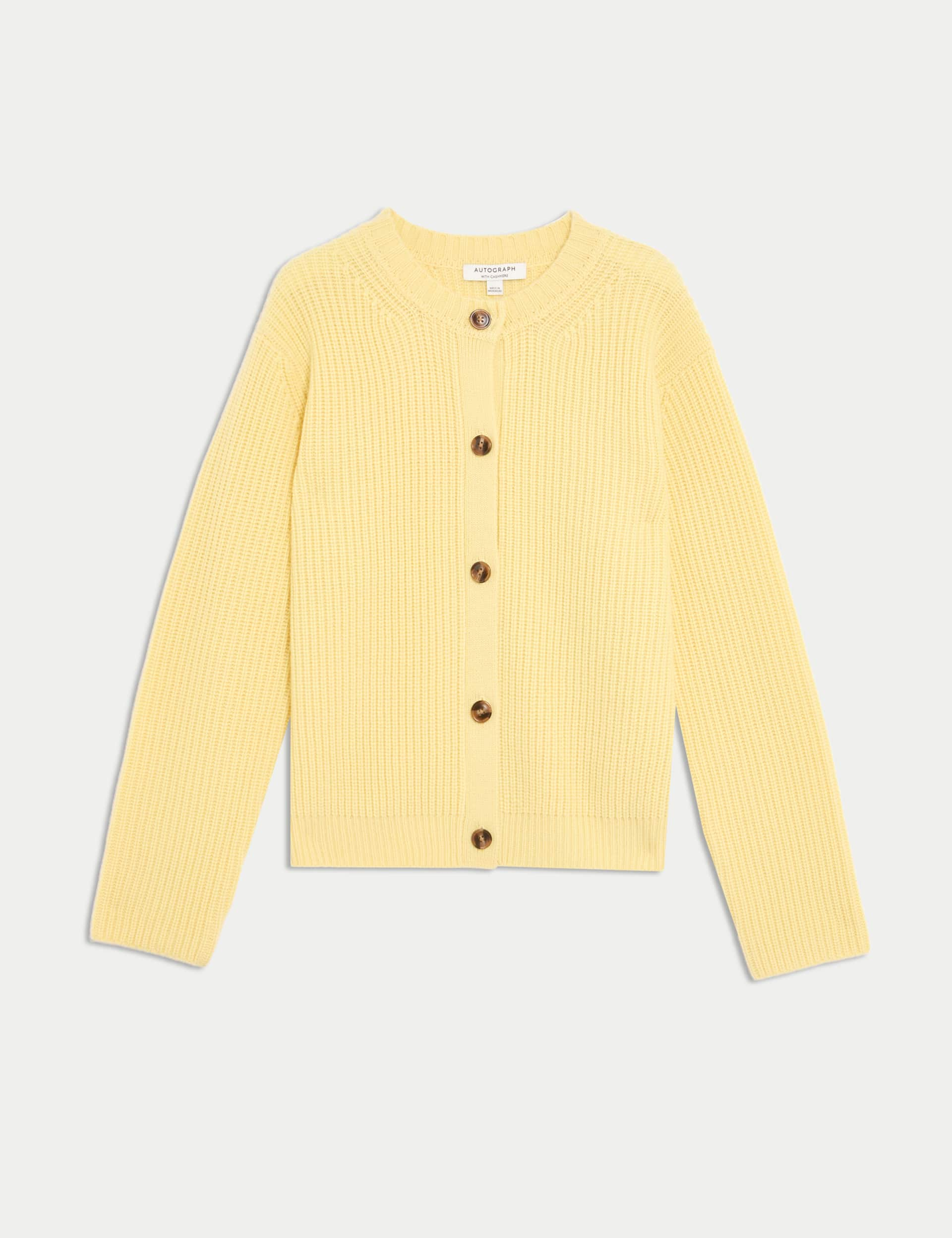 Autograph Women's Merino Wool Ribbed Cardigan with Cashmere - Buttercup, Nutmeg,Buttercup