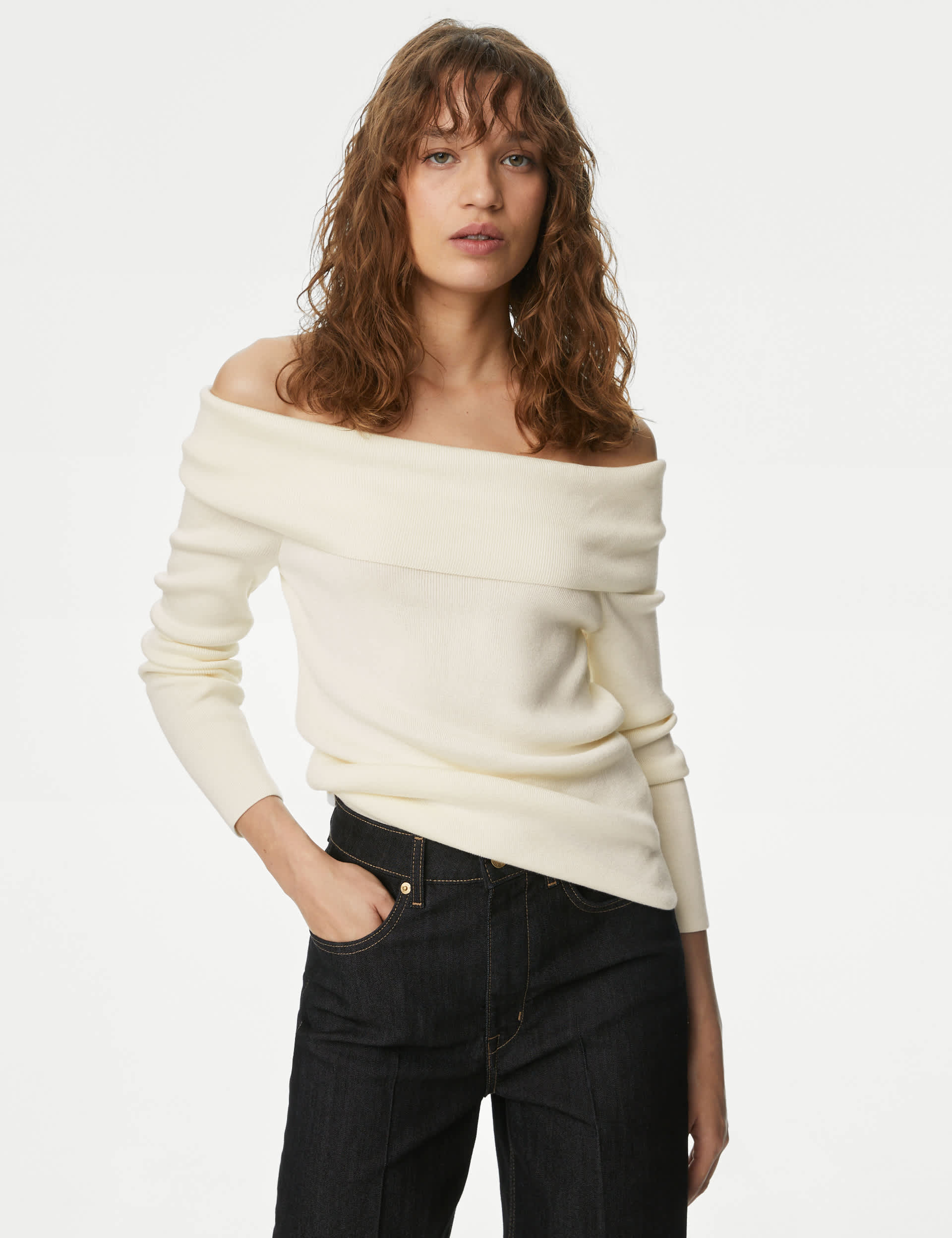 M&S Women's Ribbed Knitted Top - 14 - Ivory, Ivory