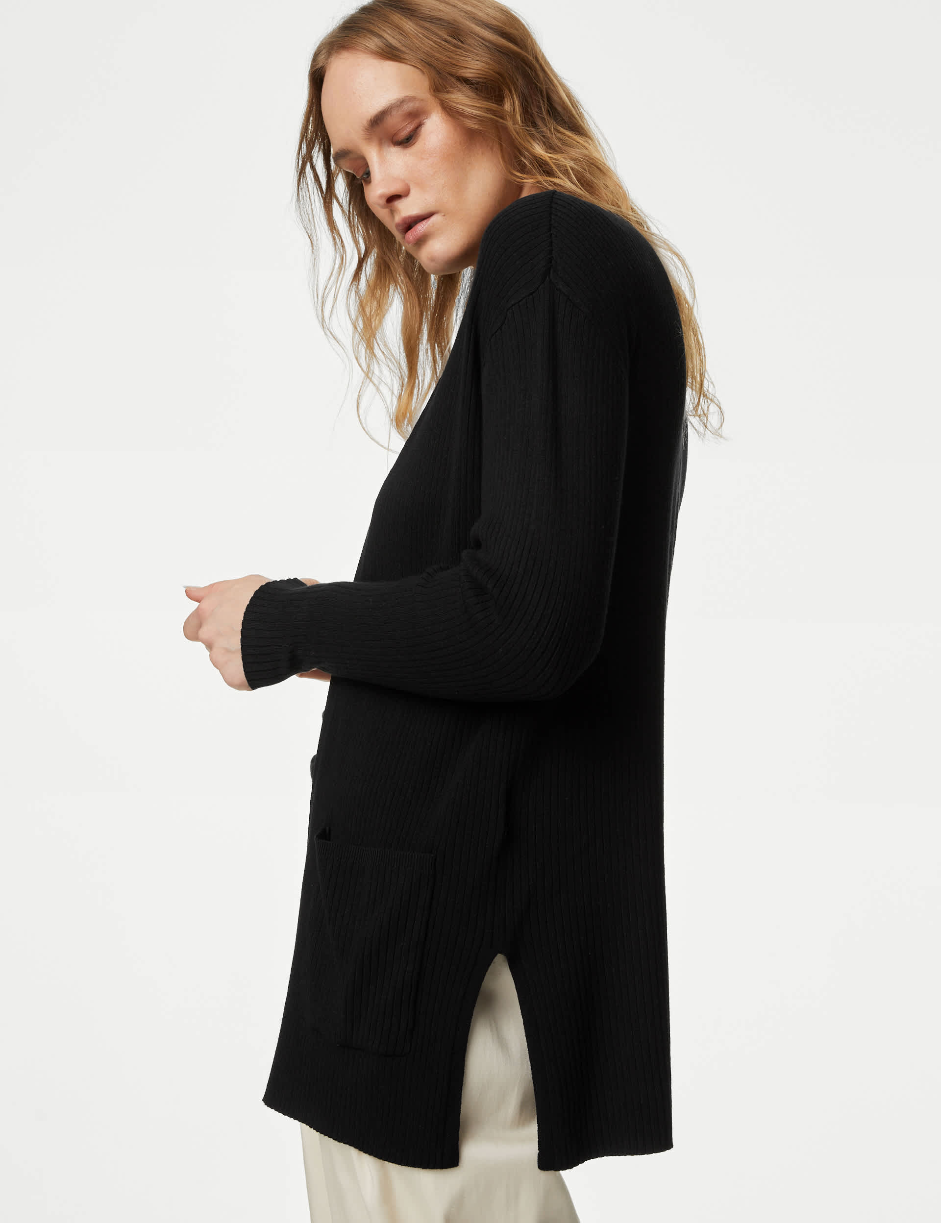 M&S Women's Ribbed Edge to Edge Longline Cardigan - M - Black, Mocha,Black,Soft White,Navy,Ecru