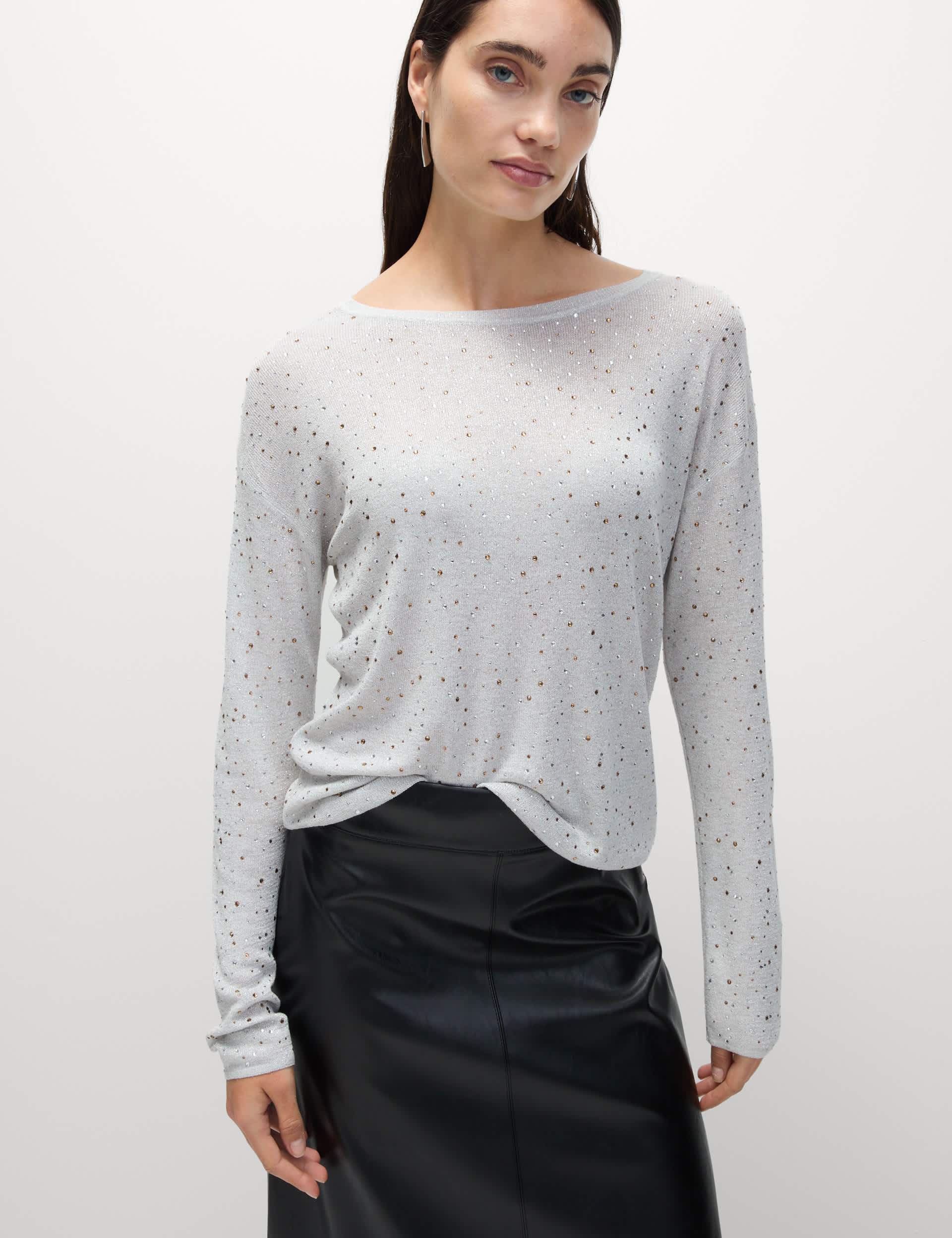 M&S Collection Women's Embellished Metallic Regular Fit Top - XL - Silver Mix, Silver Mix,Black Mix