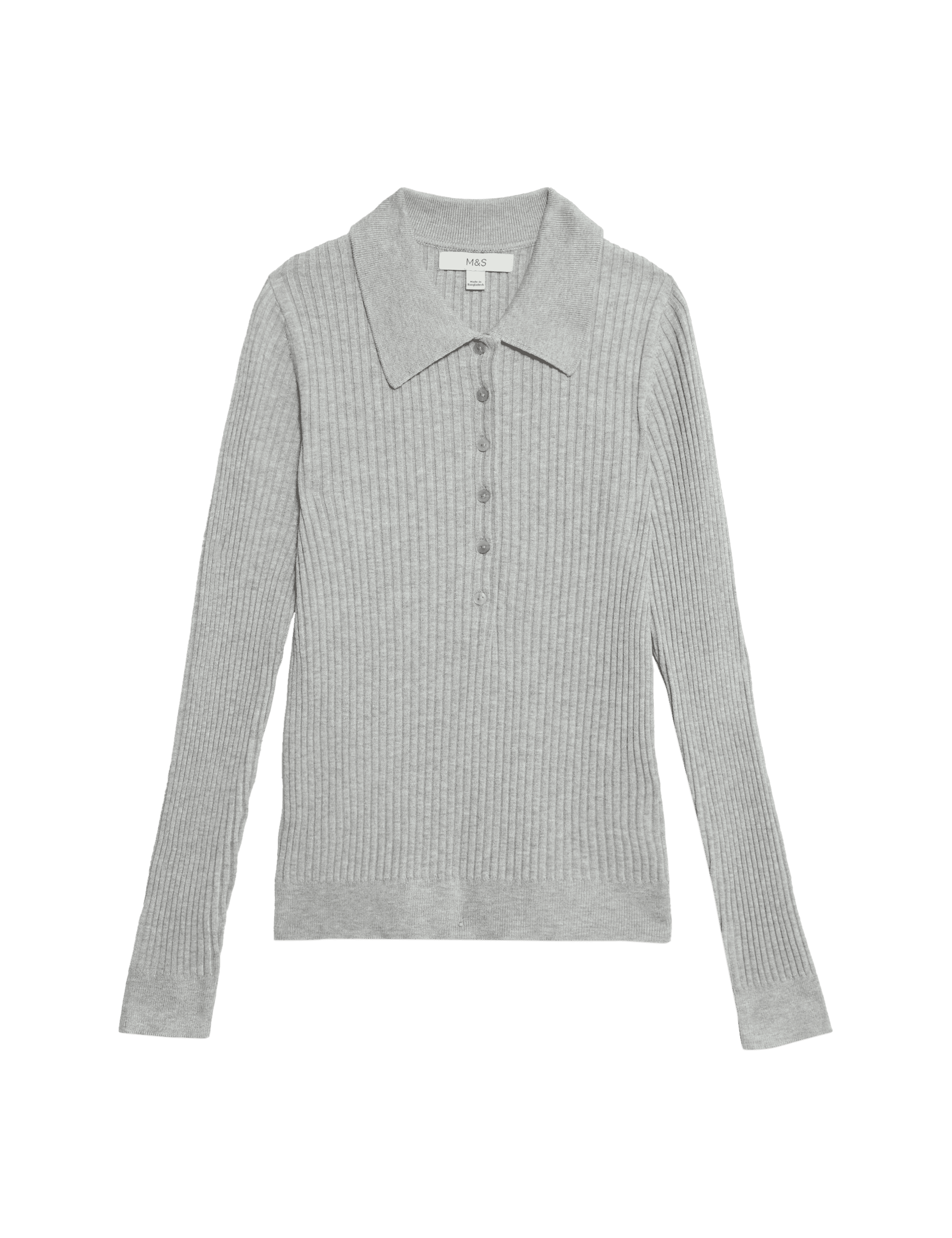 M&S Collection Women's Ribbed Collared Button Detail Knitted Top - 12 - Grey, Grey,Grass