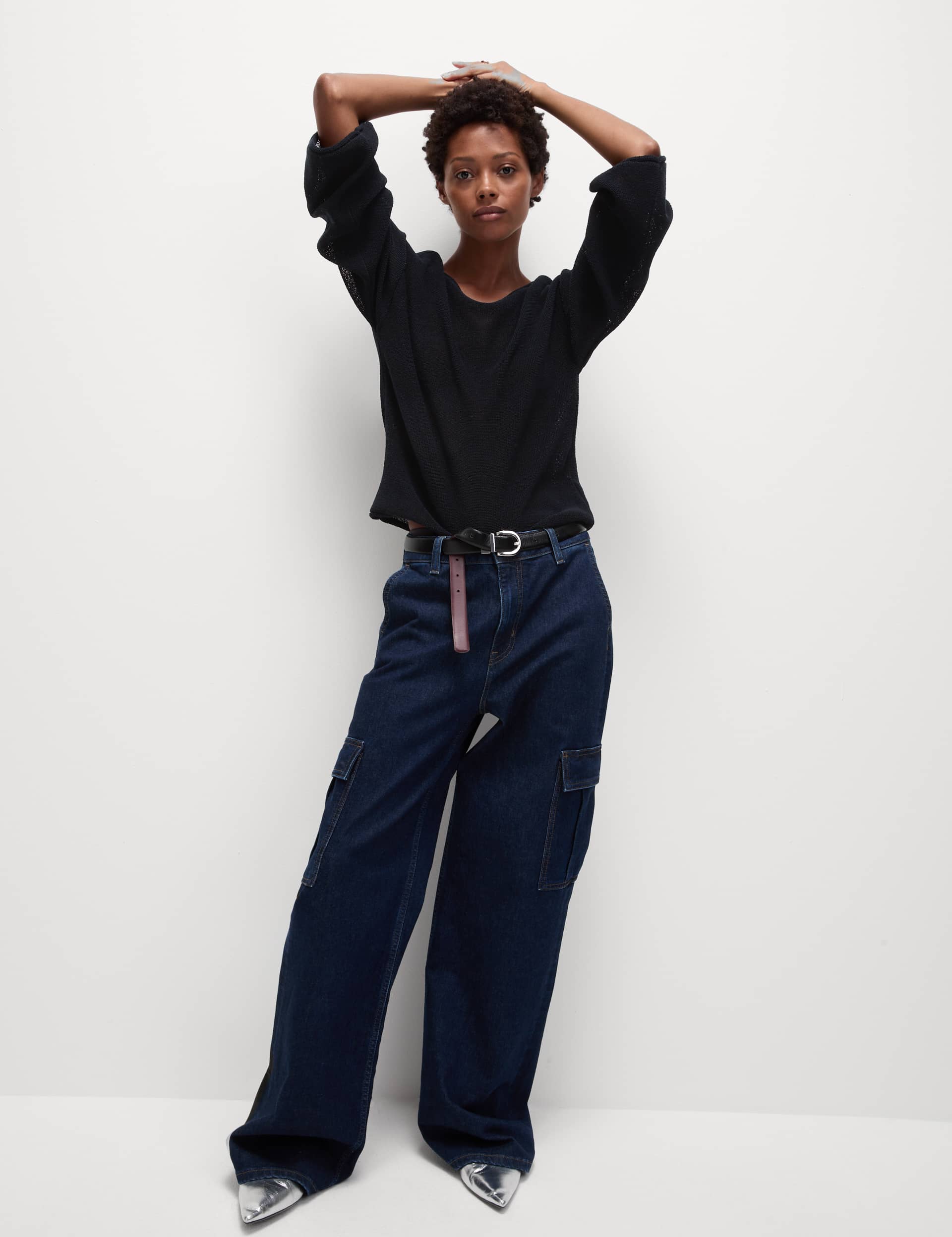 M&S Women's Cotton Blend Textured Crew Neck Jumper