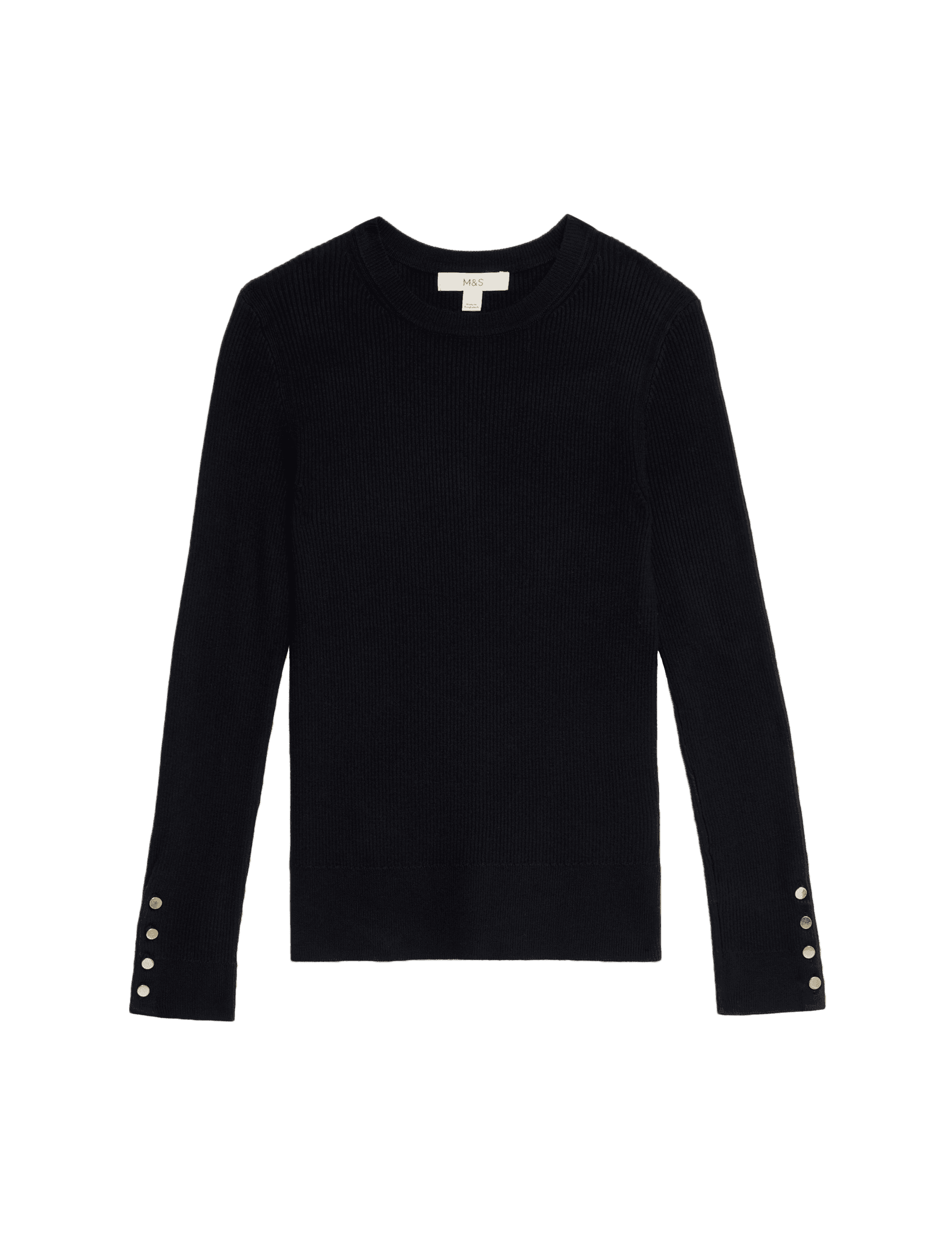 M&S Collection Women's Ribbed Crew Neck Button Detail Jumper - 12 - Midnight Navy, Ivory,Camel,Nutme