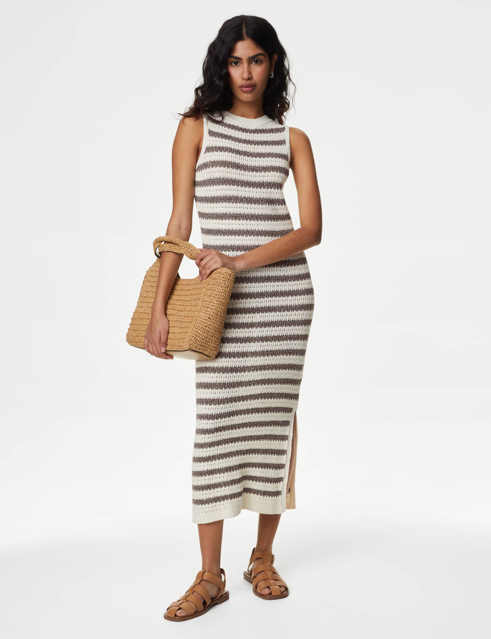 M&S Women's Cotton Rich Striped Midi Knitted Dress - Mocha Mix, Black Mix,Mocha Mix