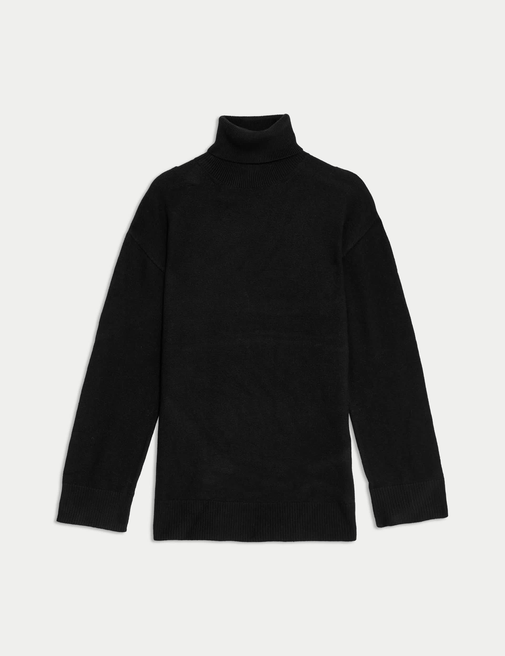 M&S Women's Air-yarn Roll Neck Relaxed Longline Jumper - Black, Nutmeg,Black