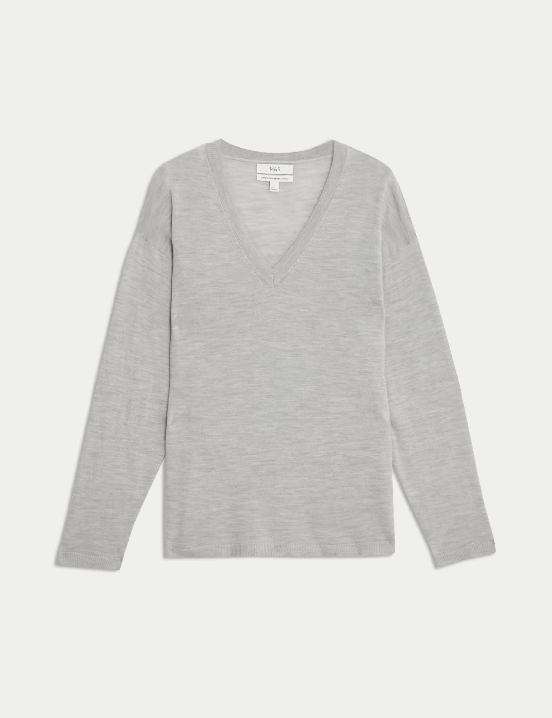 M&S Women's Pure Merino Wool V-Neck Jumper - Grey Marl, Bright Green,Grey Marl,Black,Mocha