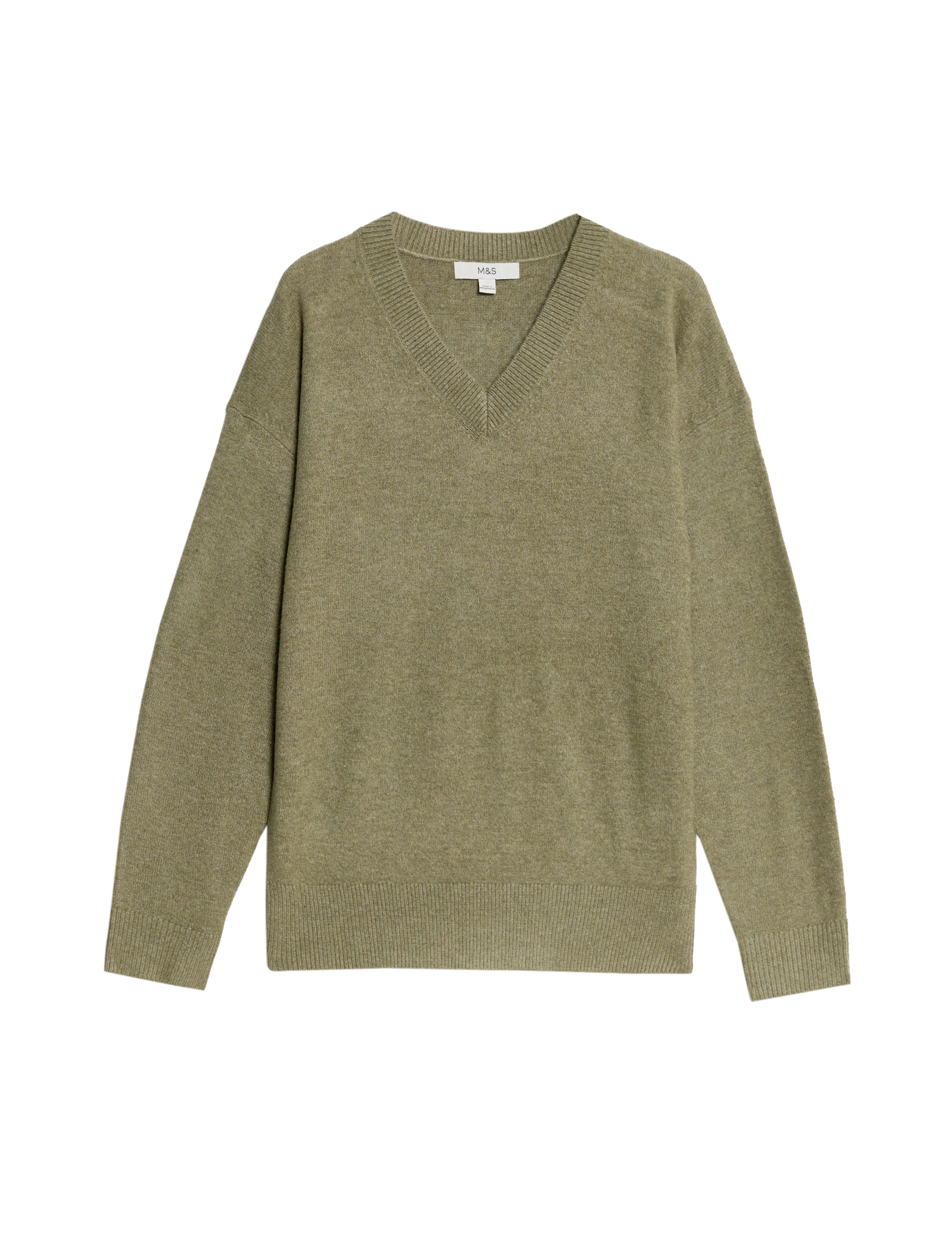 M&S Collection Women's V-Neck Jumper - Faded Khaki, Faded Khaki,Fresh Blue