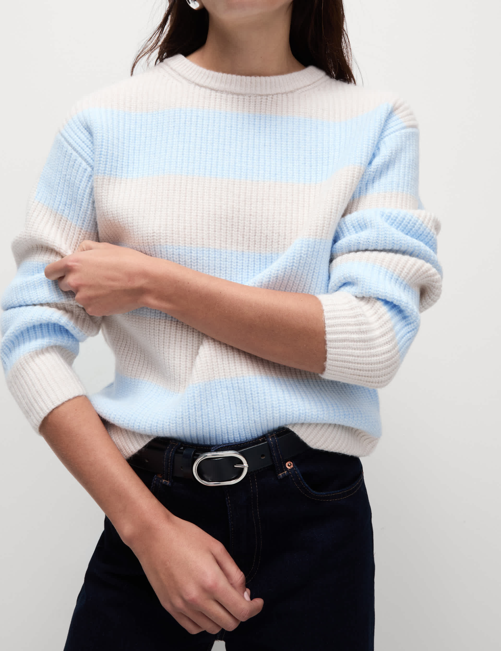 M&S Women's Cloud-Yarn Striped Crew Neck Jumper - Ice Blue, Ice Blue,Grey