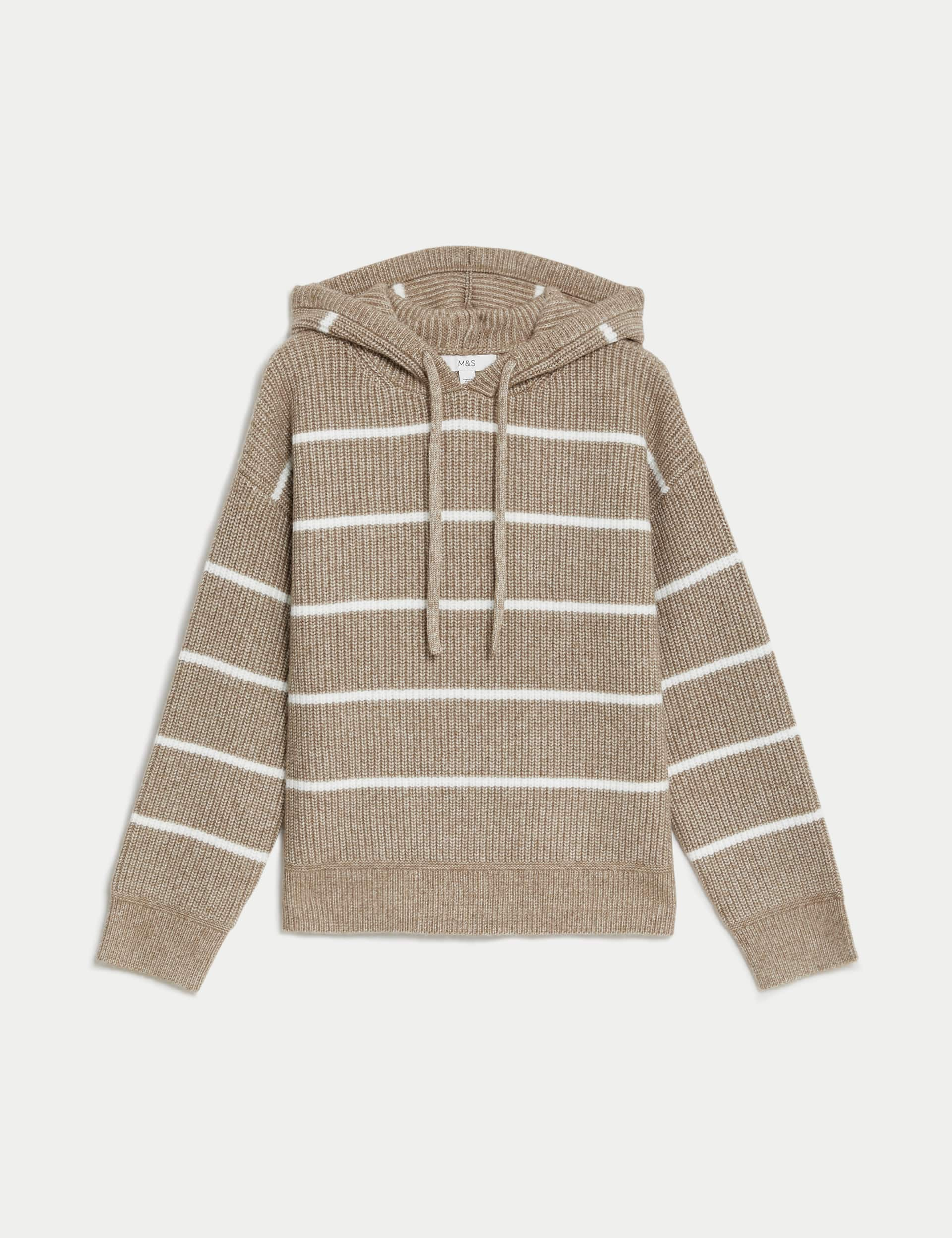 M&S Women's Cloud-Yarn Striped Knitted Hoodie - M - Cappuccino, Cappuccino