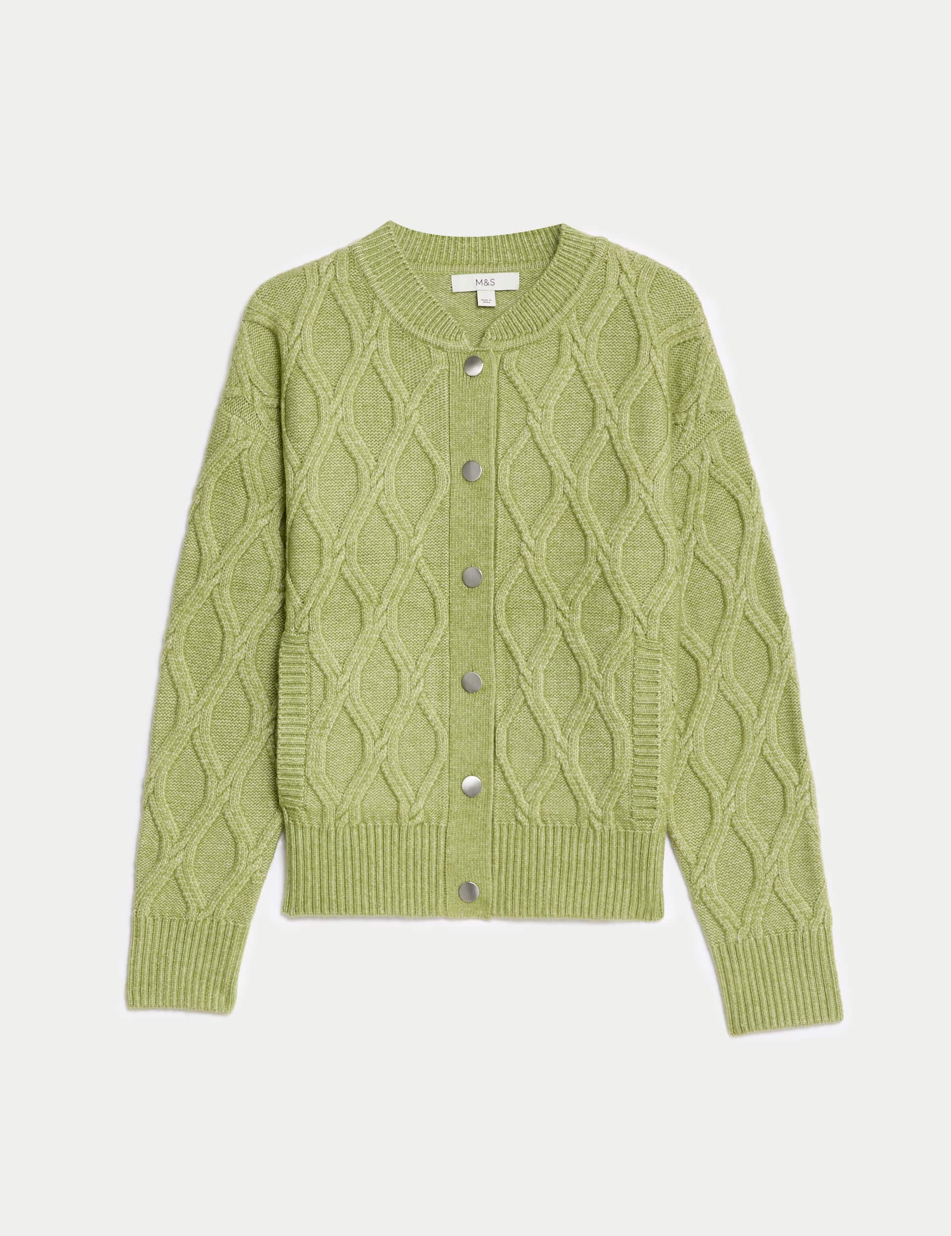 M&S Women's Cable Knit Cloud-Yarn Bomber Cardigan - Fern Green, Fern Green,Beige