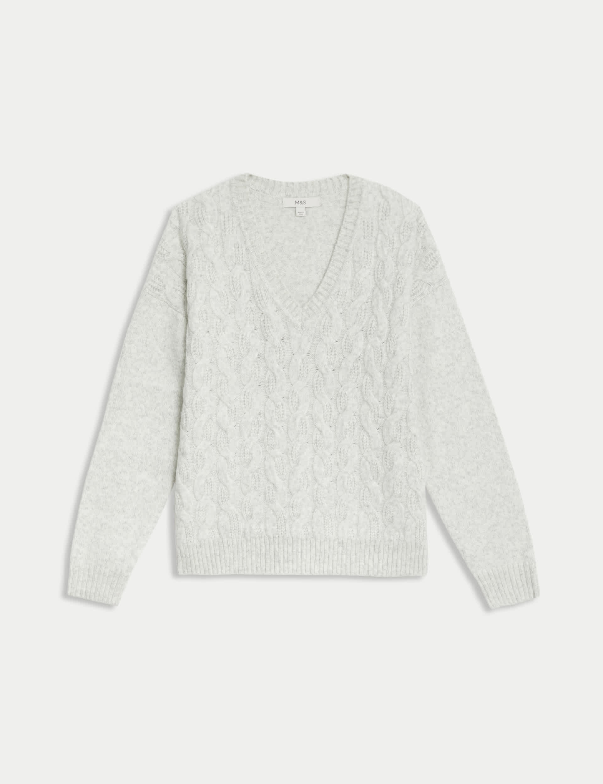 M&S Women's Cloud-yarn Cable Knit V-Neck Jumper - Pebble, Pistachio,Pebble