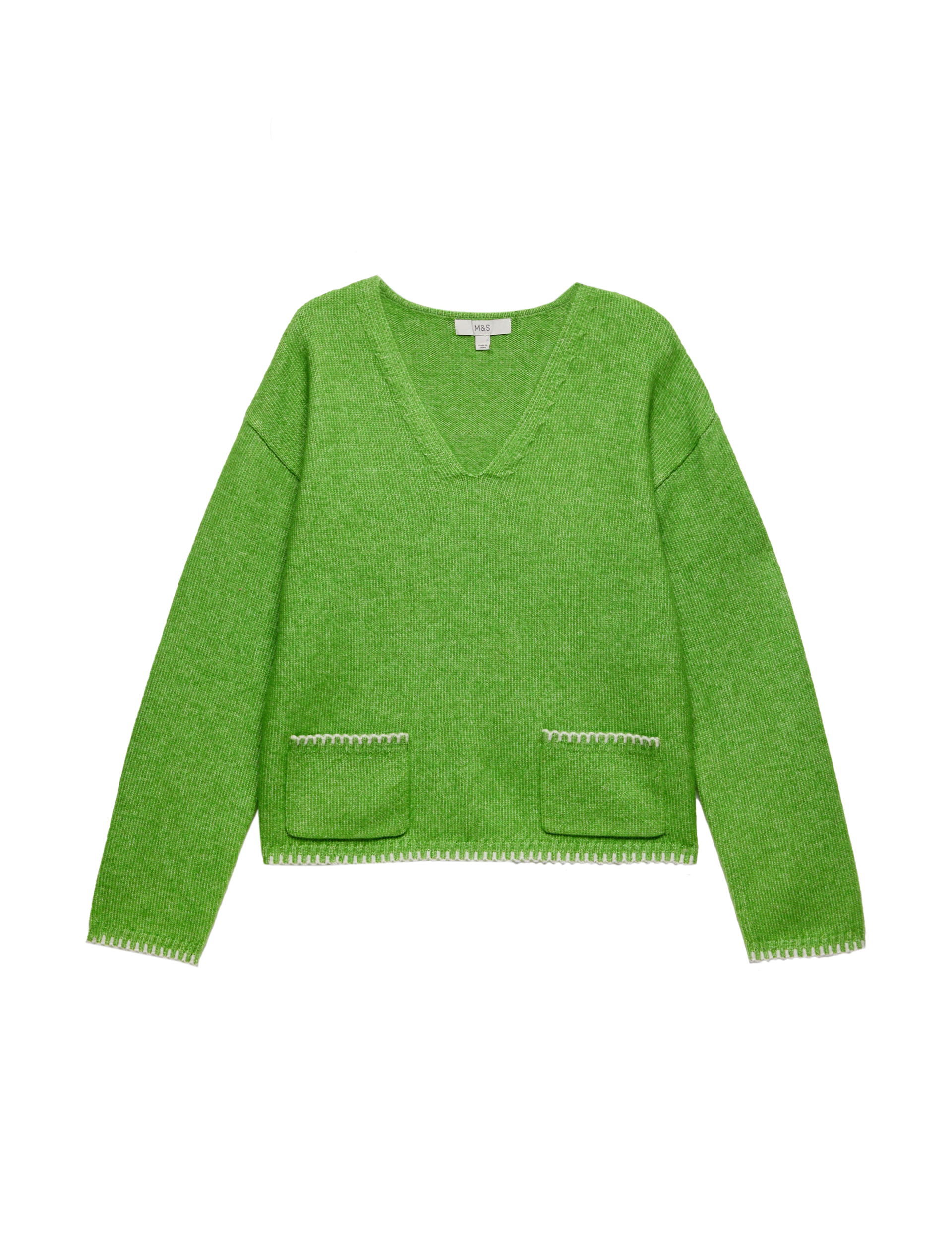 M&S Collection Women's Cloud-Yarn V-Neck Pocket Detail Jumper - Grass, Grass,Nutmeg