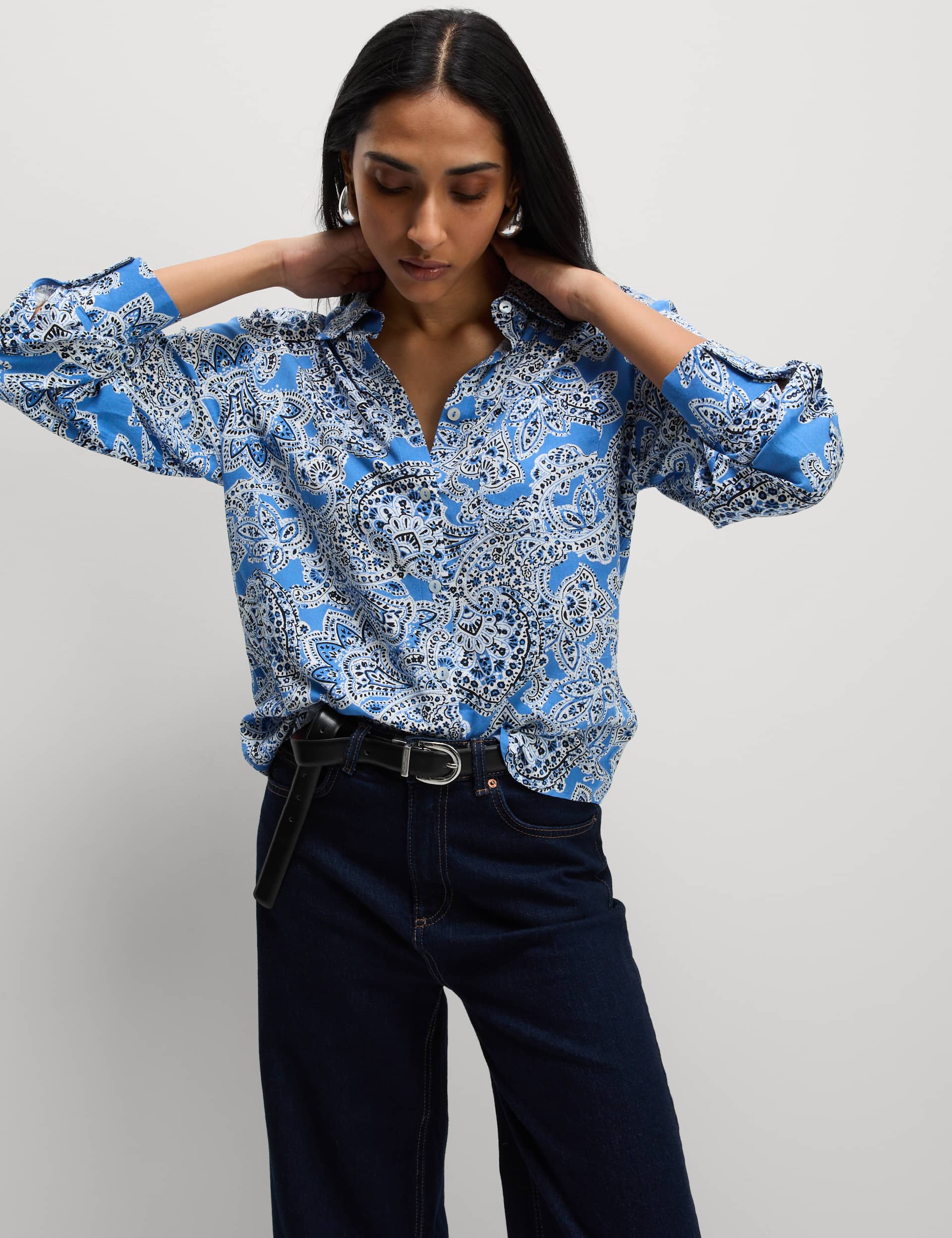 M&S Collection Women's Printed Collared Shirt - 16REG - Blue Mix, Blue Mix,Green Mix