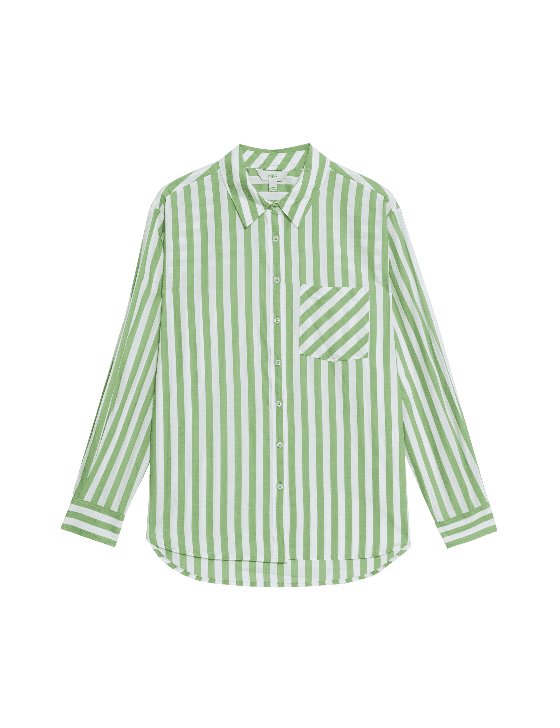 M&S Collection Women's Pure Cotton Striped Collared Shirt - 12REG - Green Mix, Green Mix