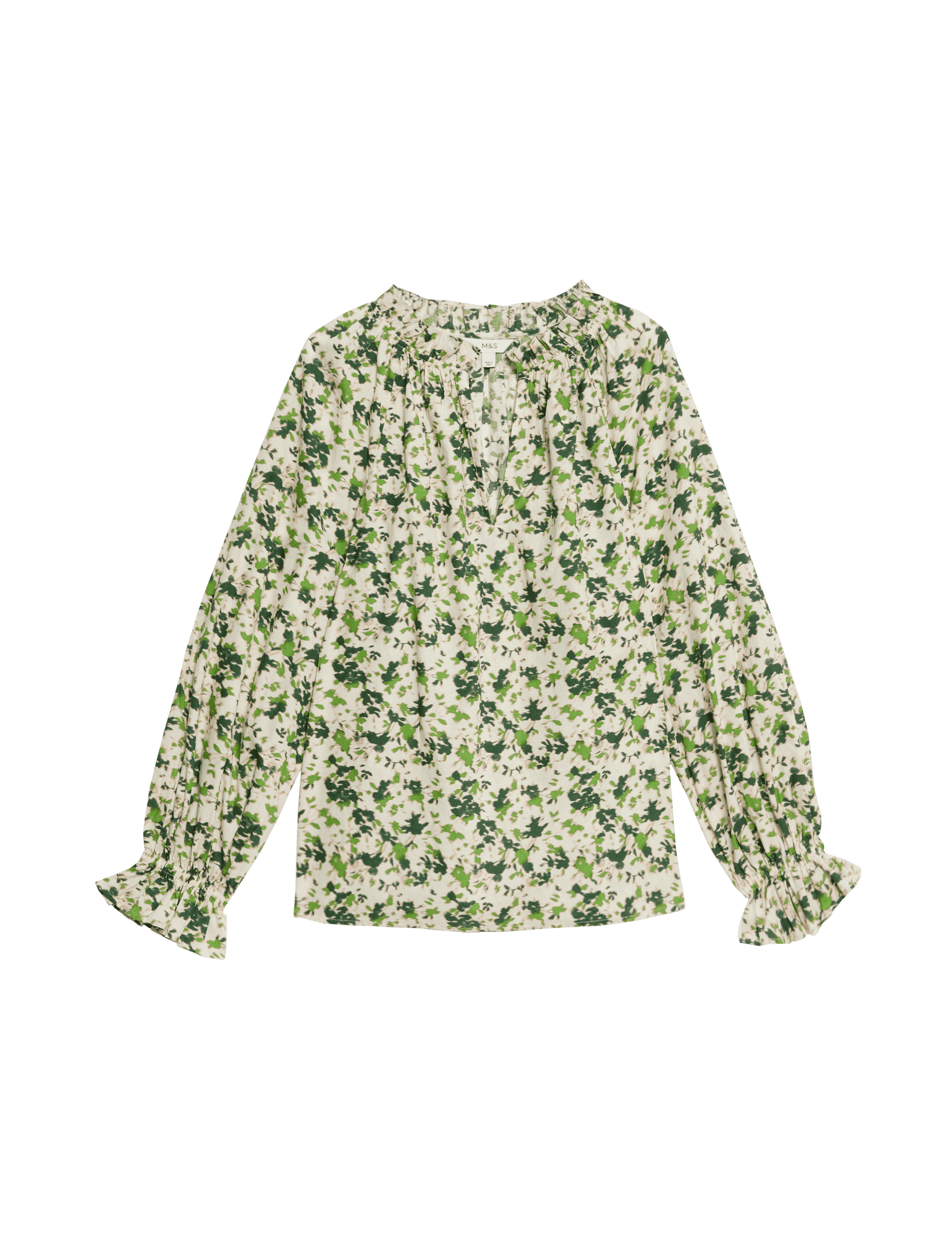 M&S Collection Women's Pure Cotton Floral Tie Neck Blouse - 24REG - Green Mix, Green Mix