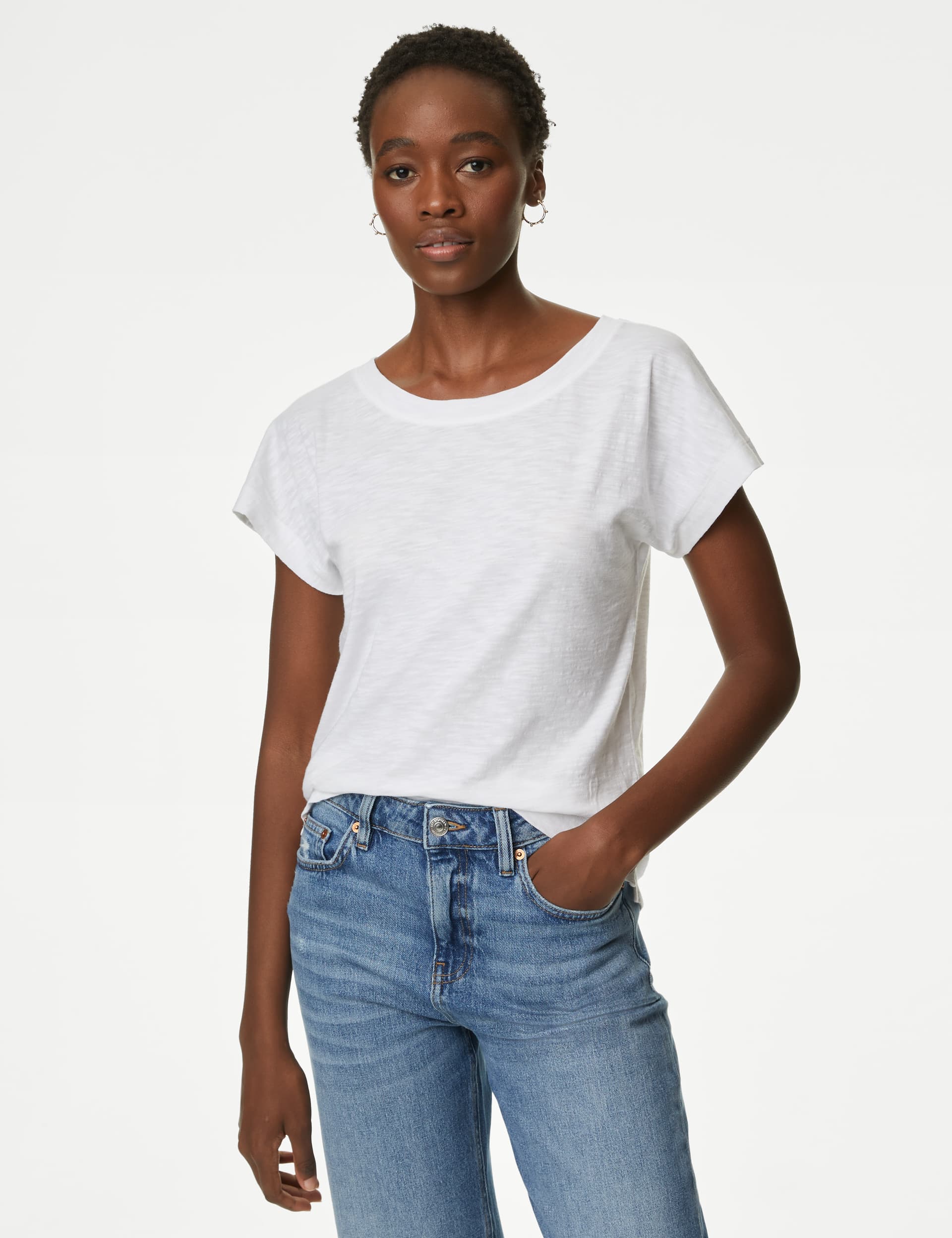 M&S Women's Pure Cotton Everyday Fit Slash Neck T-shirt - 16 - Soft White, Soft White,Black