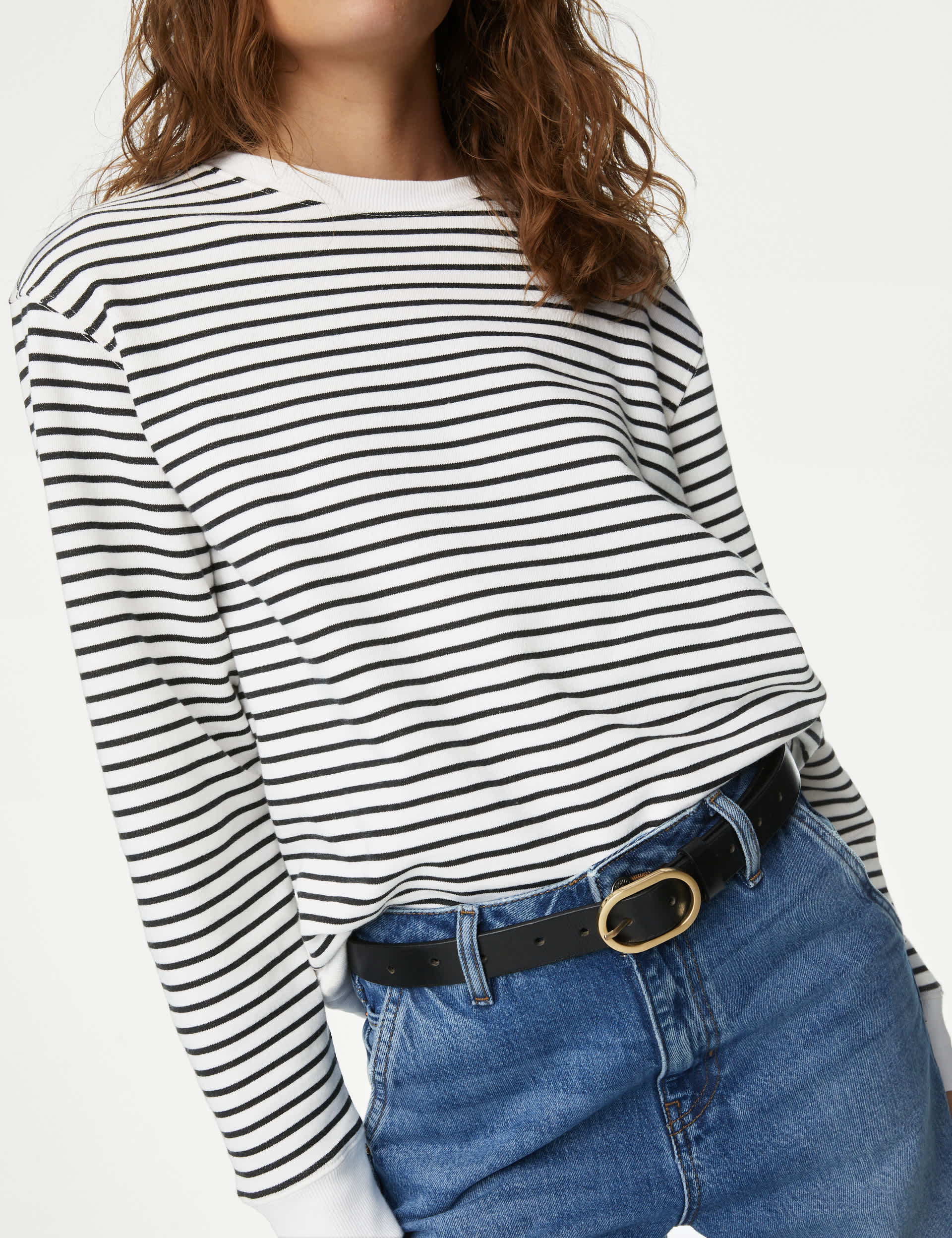 M&S Women's Pure Cotton Striped Crew Neck Sweatshirt - L - Black Mix, Black Mix