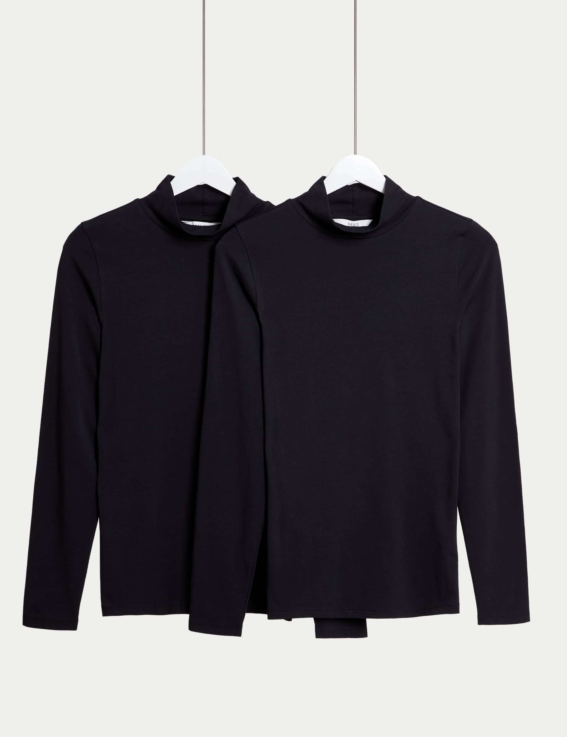 M&S Collection Women's 2 Pack Cotton Rich Funnel Neck Slim Fit Tops - 8 - Black/Black, Black/Black