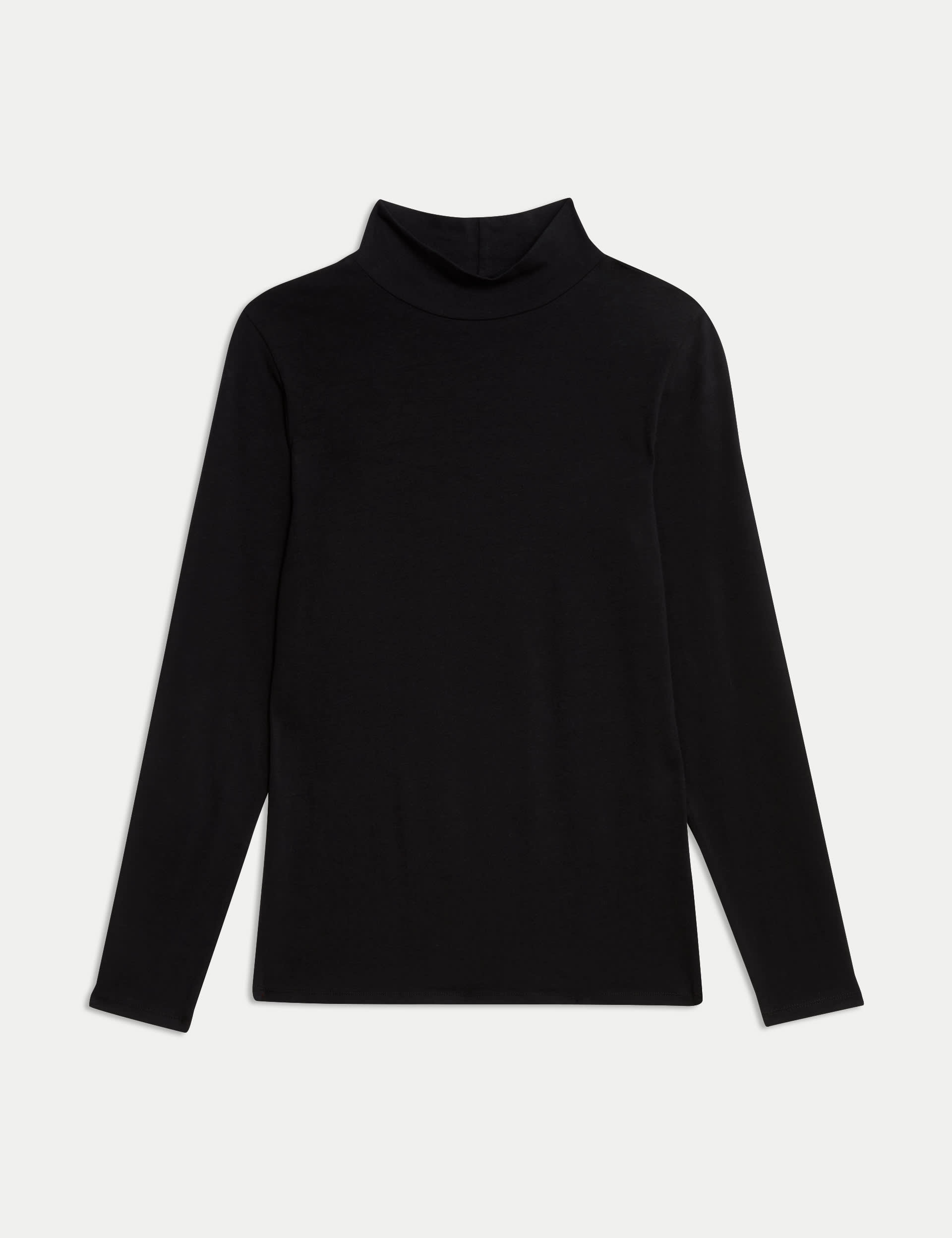 M&S Women's Cotton Rich Funnel Neck Slim Fit Top - 12 - Black, Black,Soft White