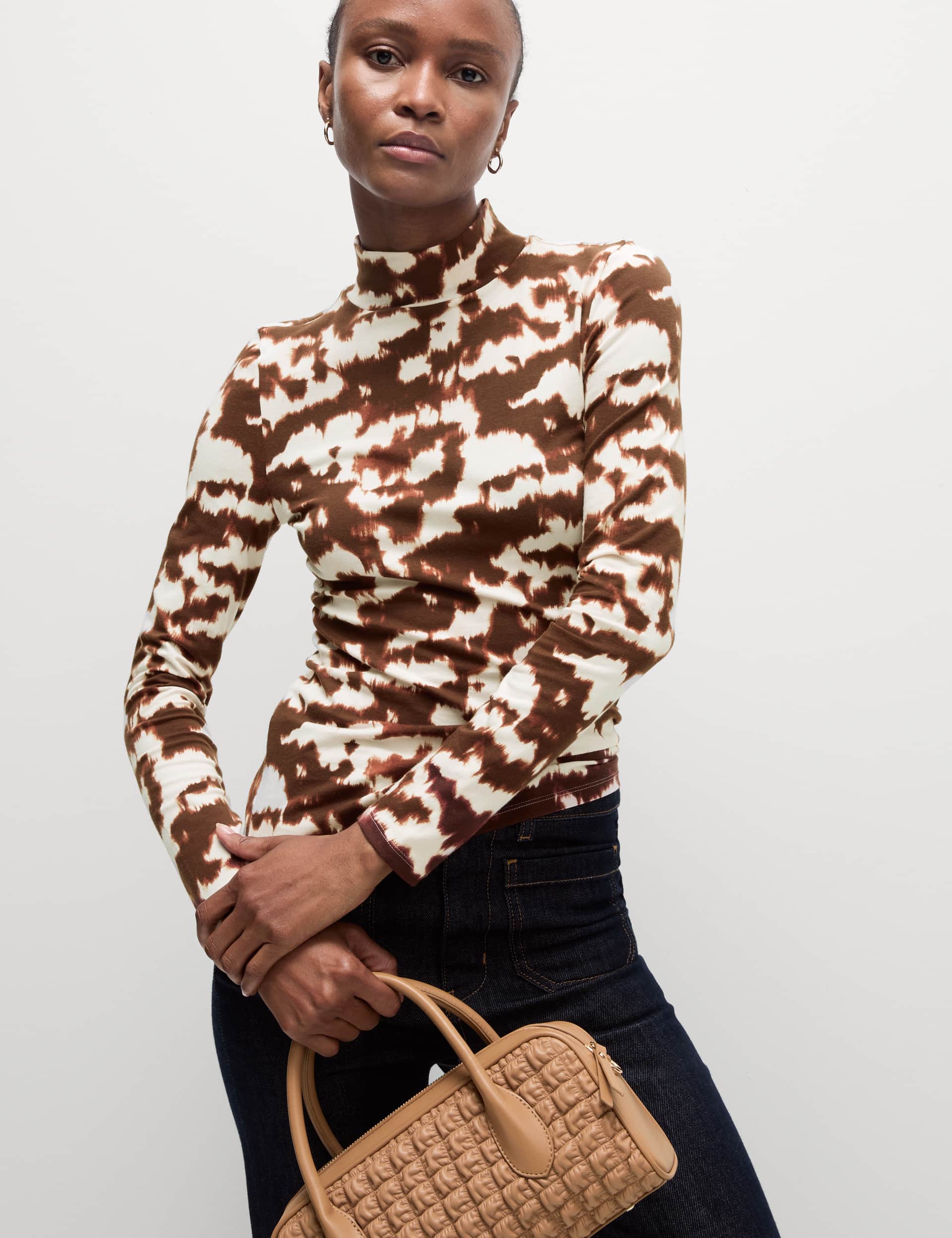 M&S Women's Cotton Rich Funnel Neck Printed Top