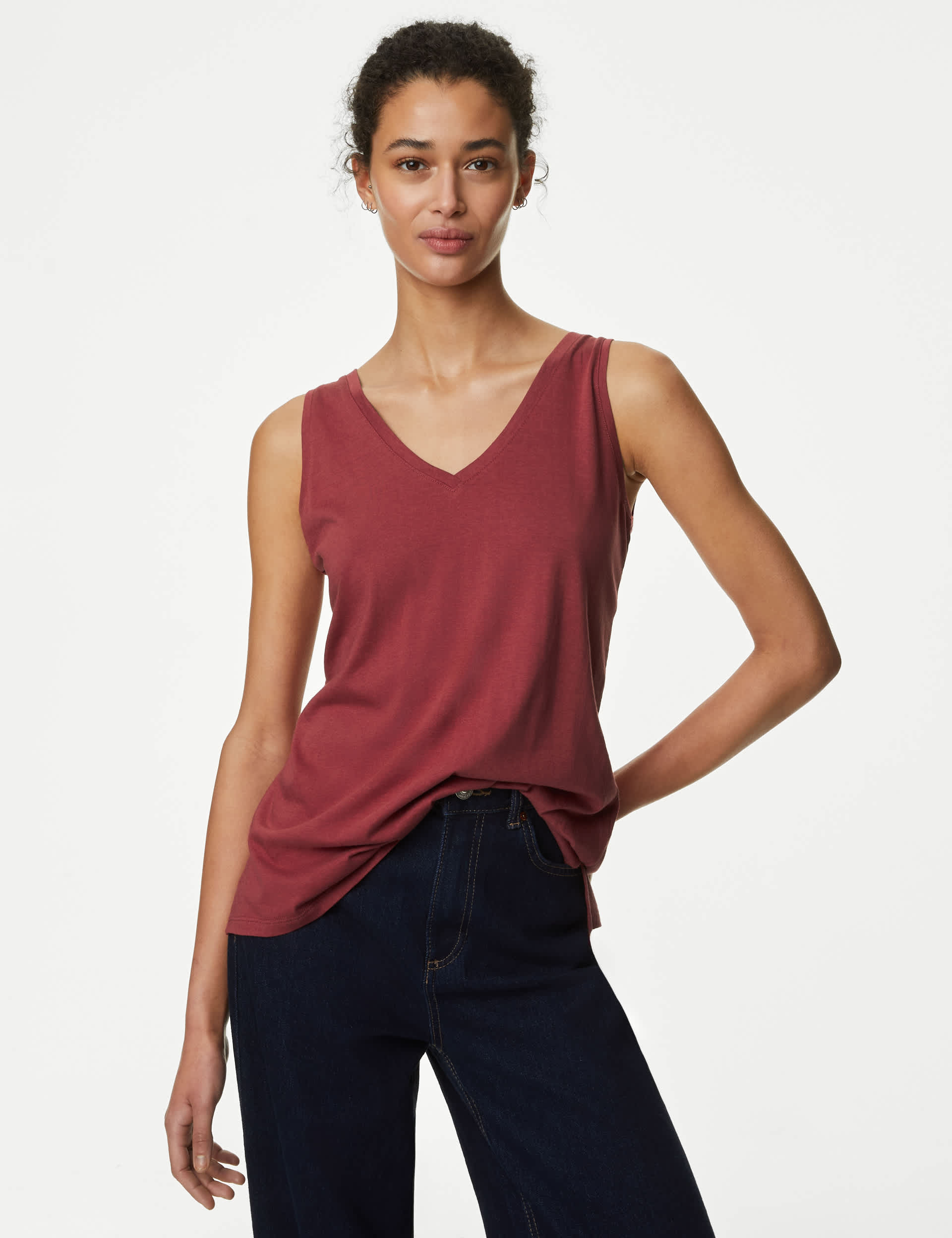 M&S Women's Relaxed Fit V-Neck Vest - 12 - Oxblood, Black,Oxblood,Grey Marl