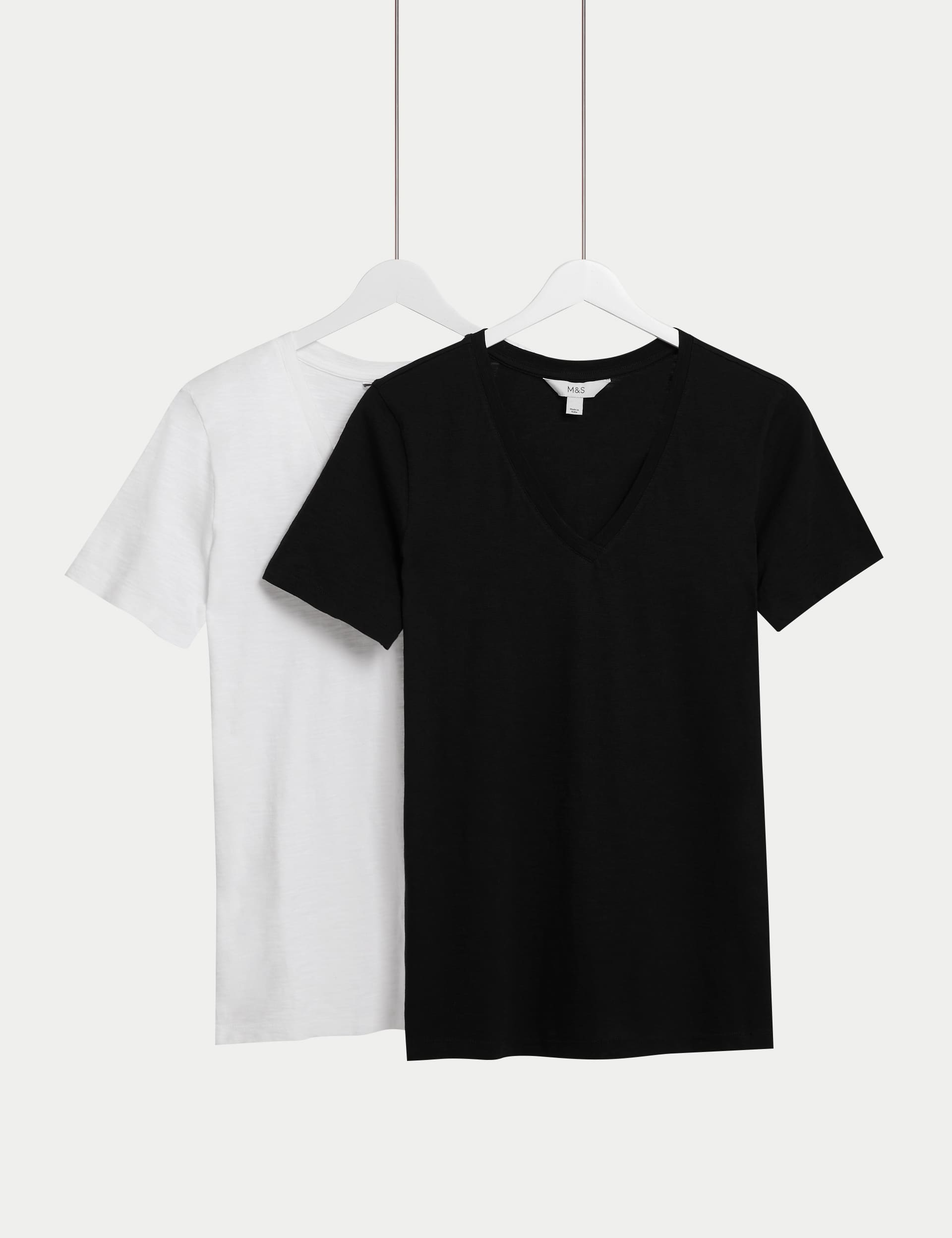 M&S Women's 2pk Pure Cotton V-Neck Relaxed T-Shirts - 12 - Black/White, Black/White