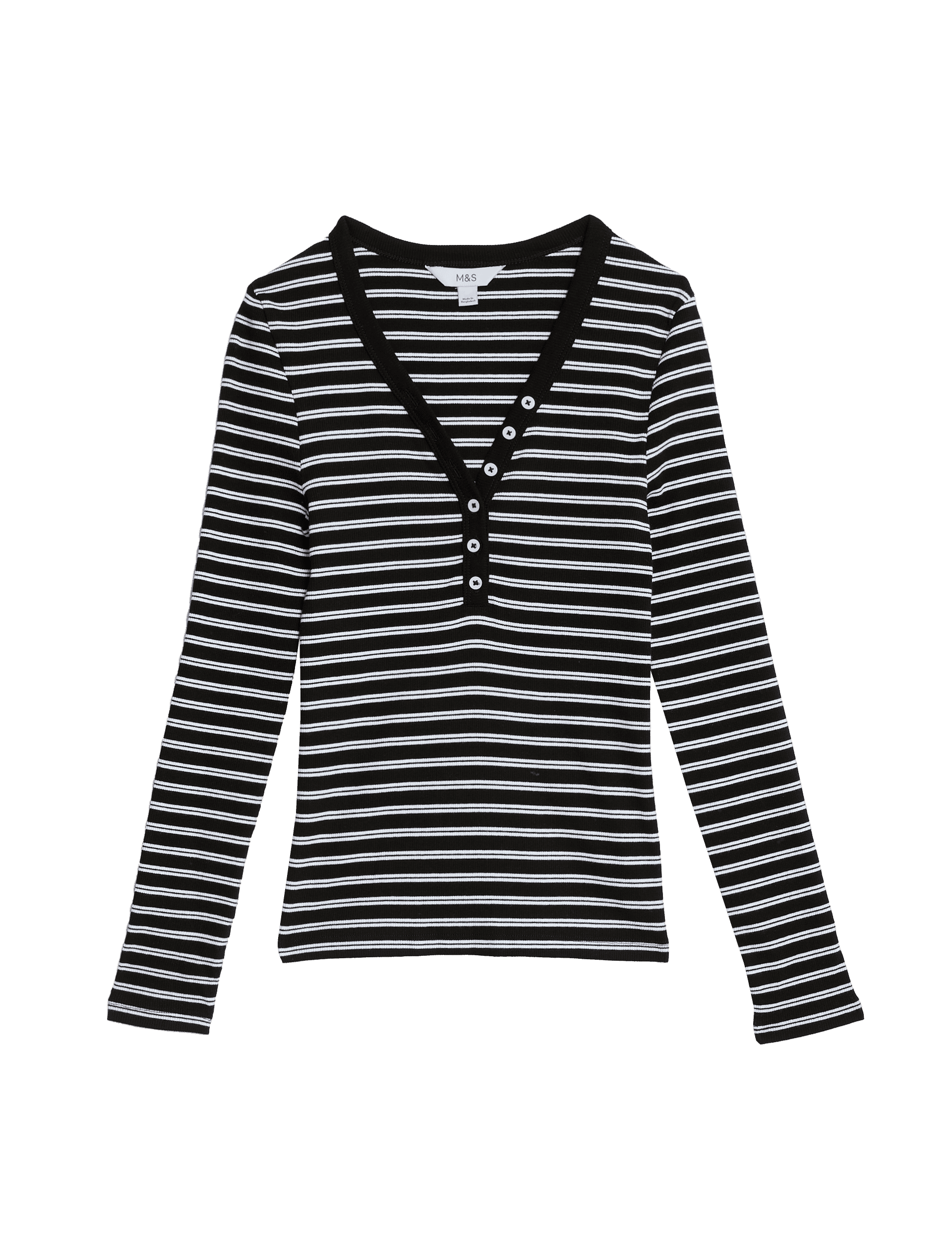 M&S Collection Women's Cotton Rich Ribbed Striped V-Neck Top - 14 - Black Mix, Black Mix