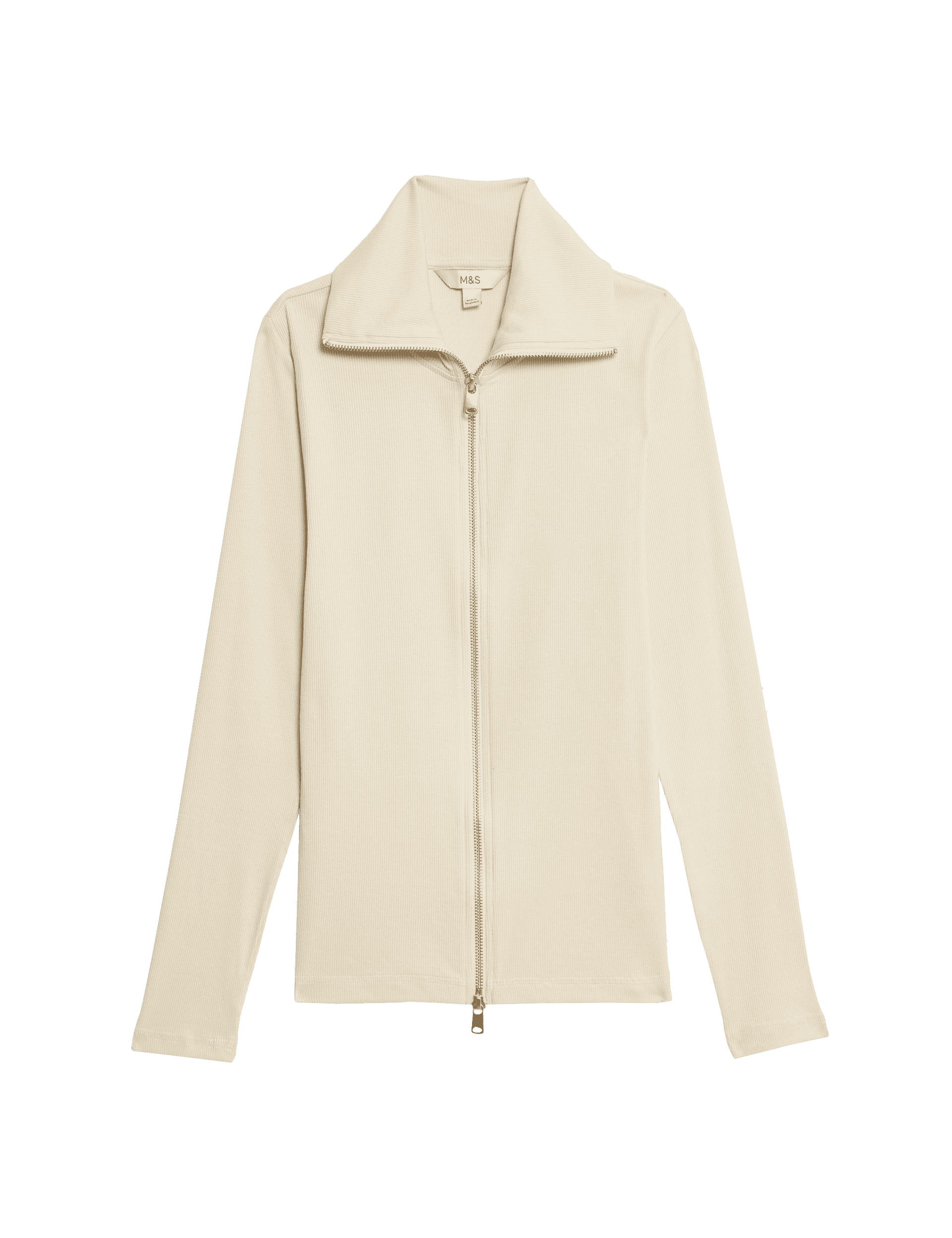 M&S Collection Women's Cotton Rich Ribbed Collared Zip Up Top - 14 - Ecru, Grass,Ecru,Bitter Chocola