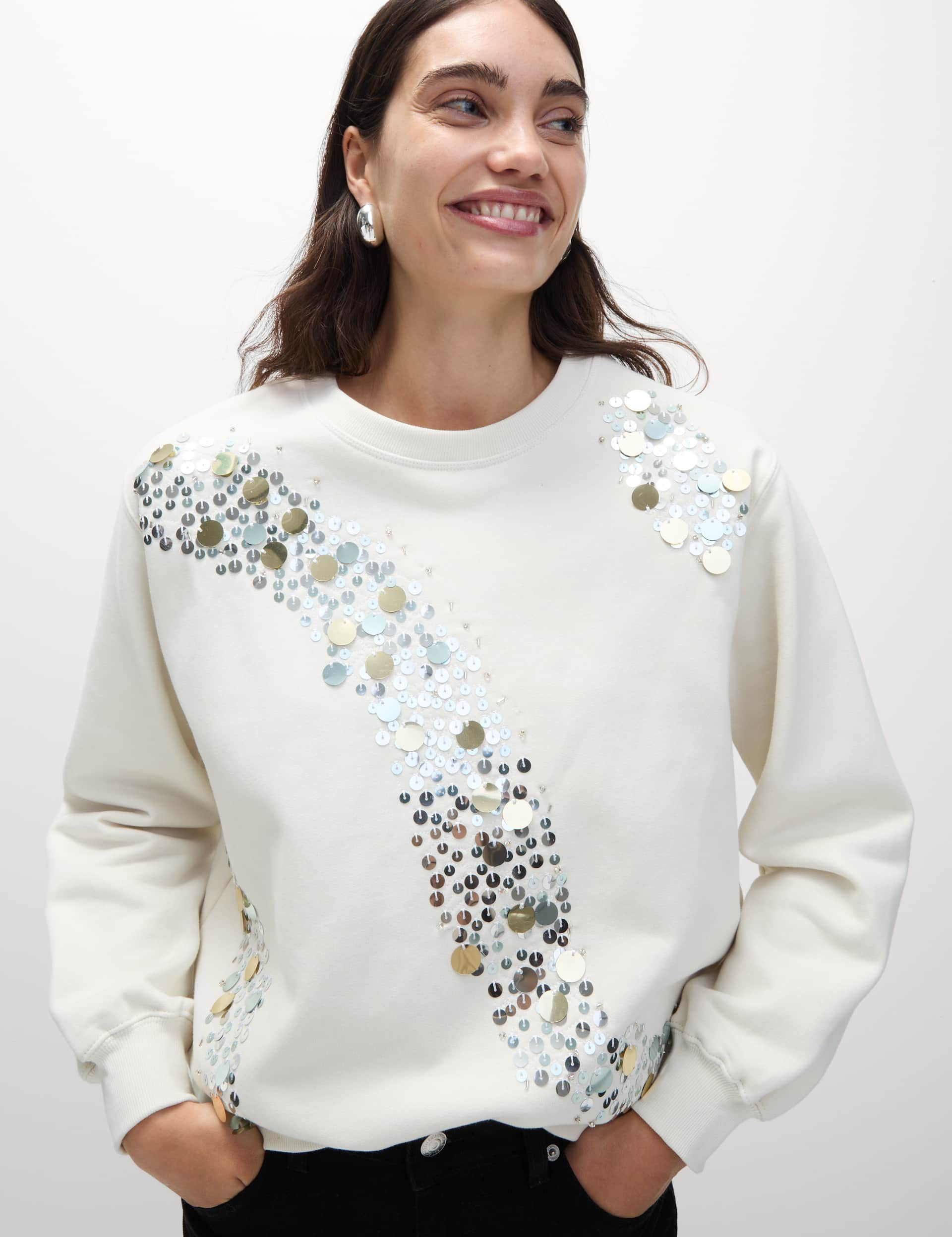 M&S Women's Pure Cotton Sparkly Sweatshirt - M - White Mix, White Mix