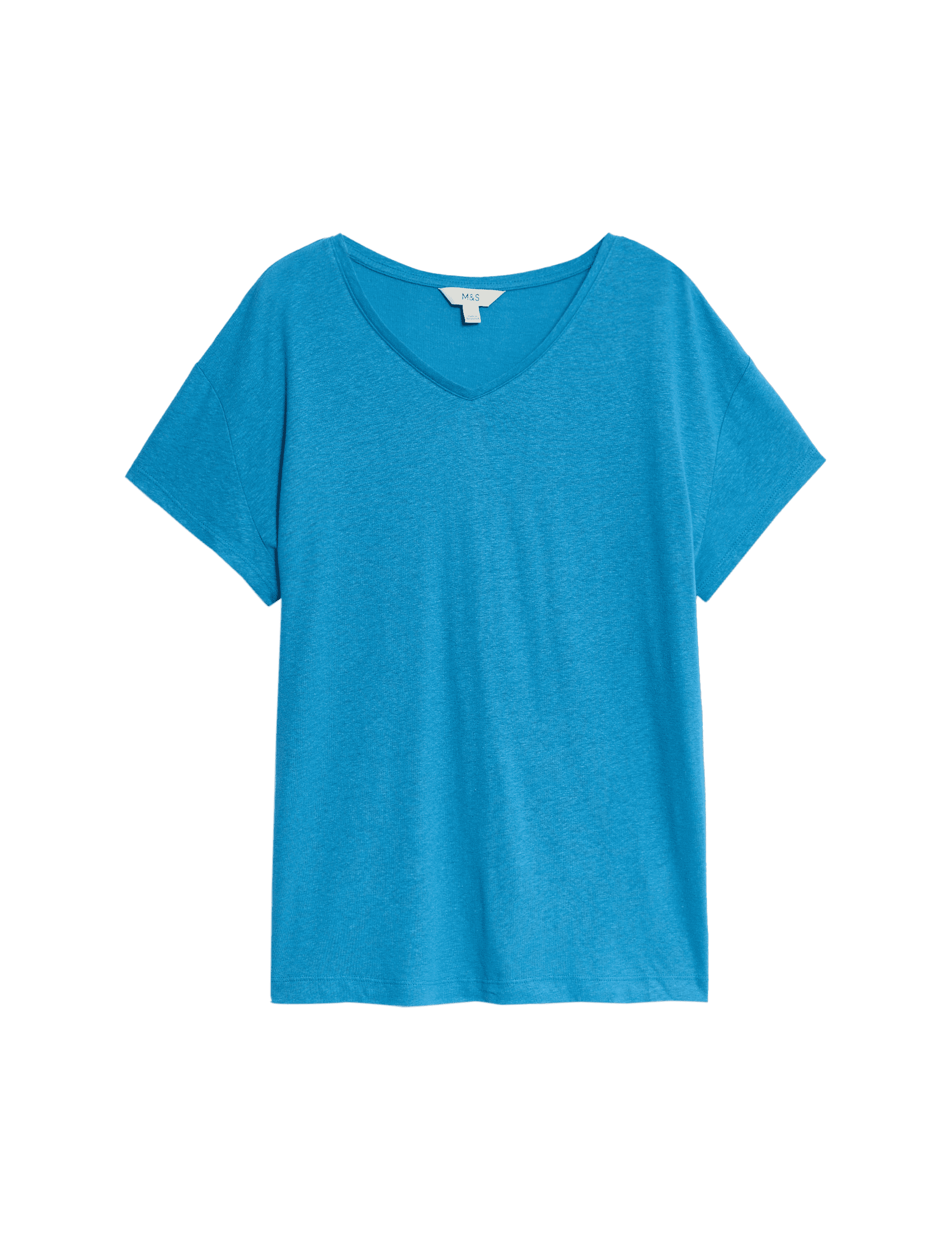 M&S Collection Women's Linen Blend V-Neck Regular Fit T-Shirt - 14 - Kingfisher, Kingfisher,Soft Whi