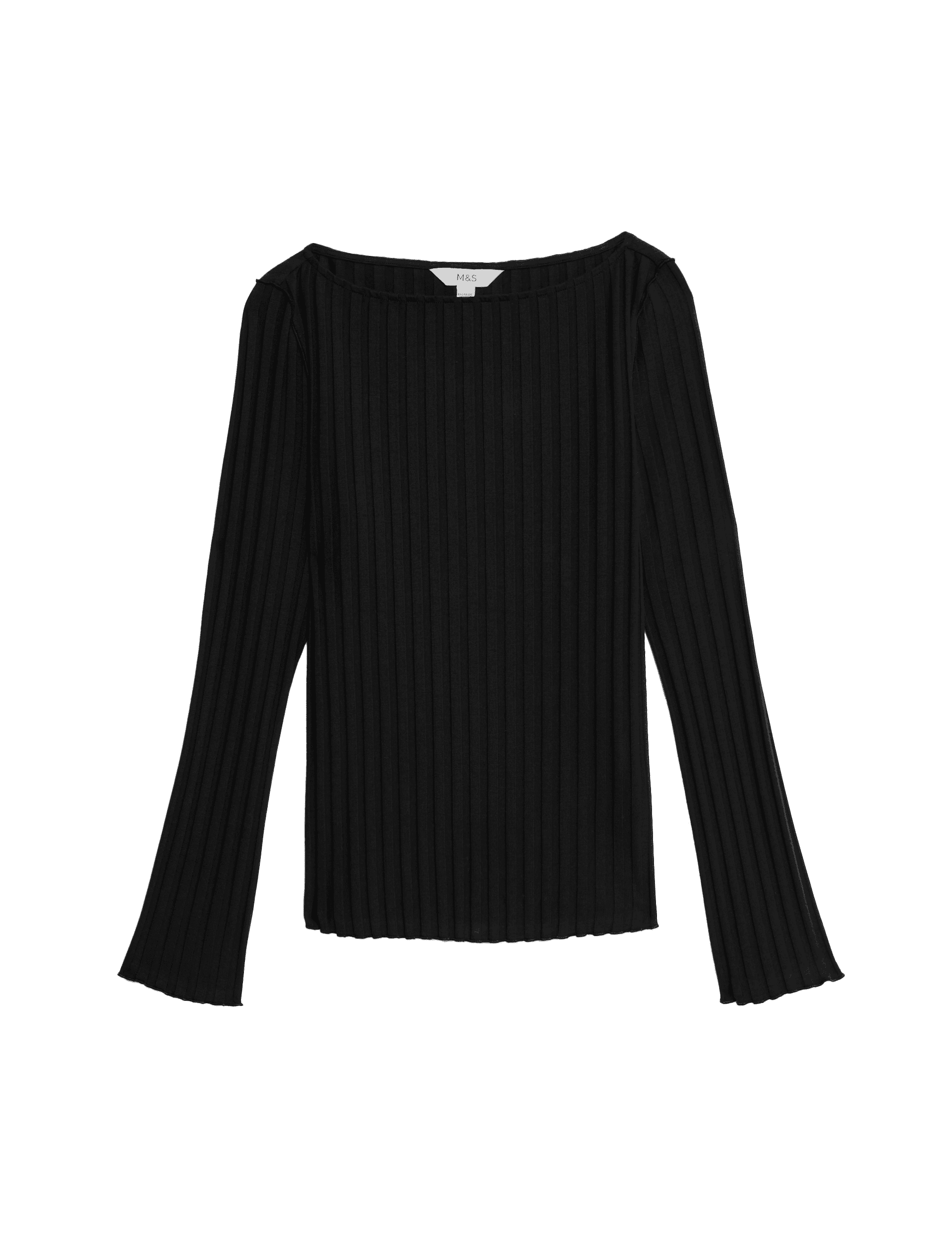 M&S Collection Women's Cotton Rich Ribbed Off The Shoulder Top - 14 - Black, Black,Green