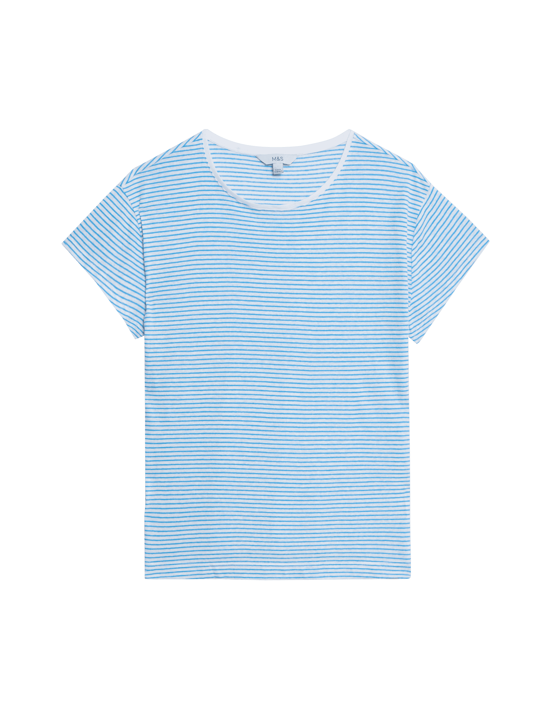 M&S Collection Women's Linen Blend Striped T-Shirt - 14 - Blue Mix, Blue Mix,Orange Mix